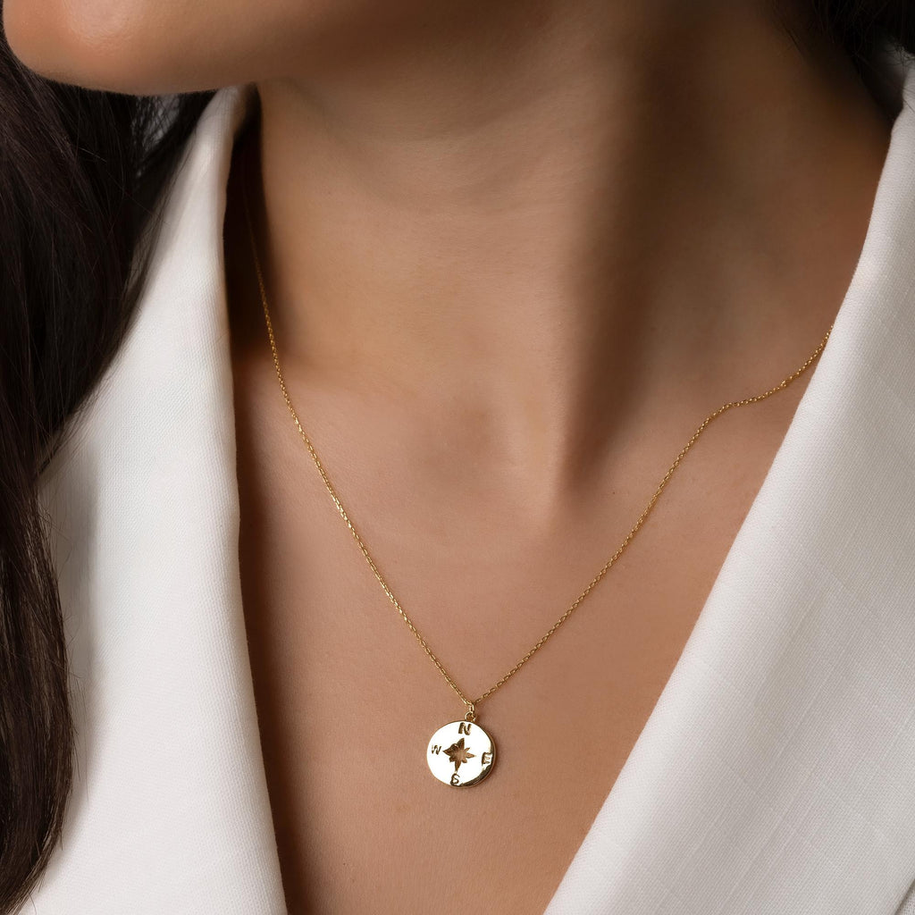 14K Solid Gold Compass Necklace - North Star Coin Necklace