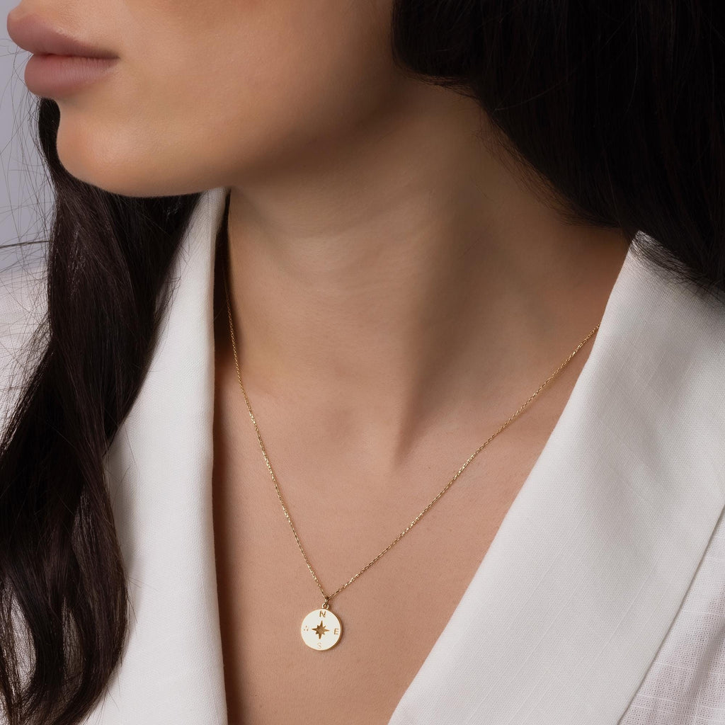 14K Solid Gold Compass Necklace - North Star Coin Necklace