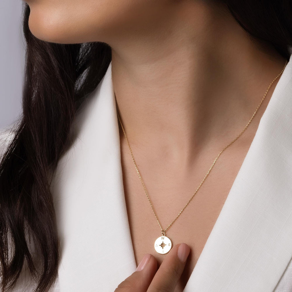 14K Solid Gold Compass Necklace - North Star Coin Necklace