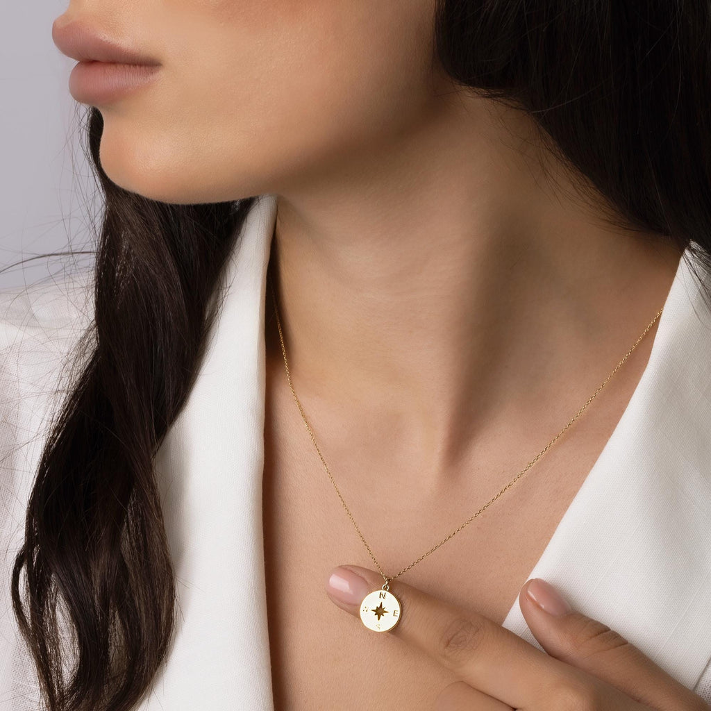 14K Solid Gold Compass Necklace - North Star Coin Necklace