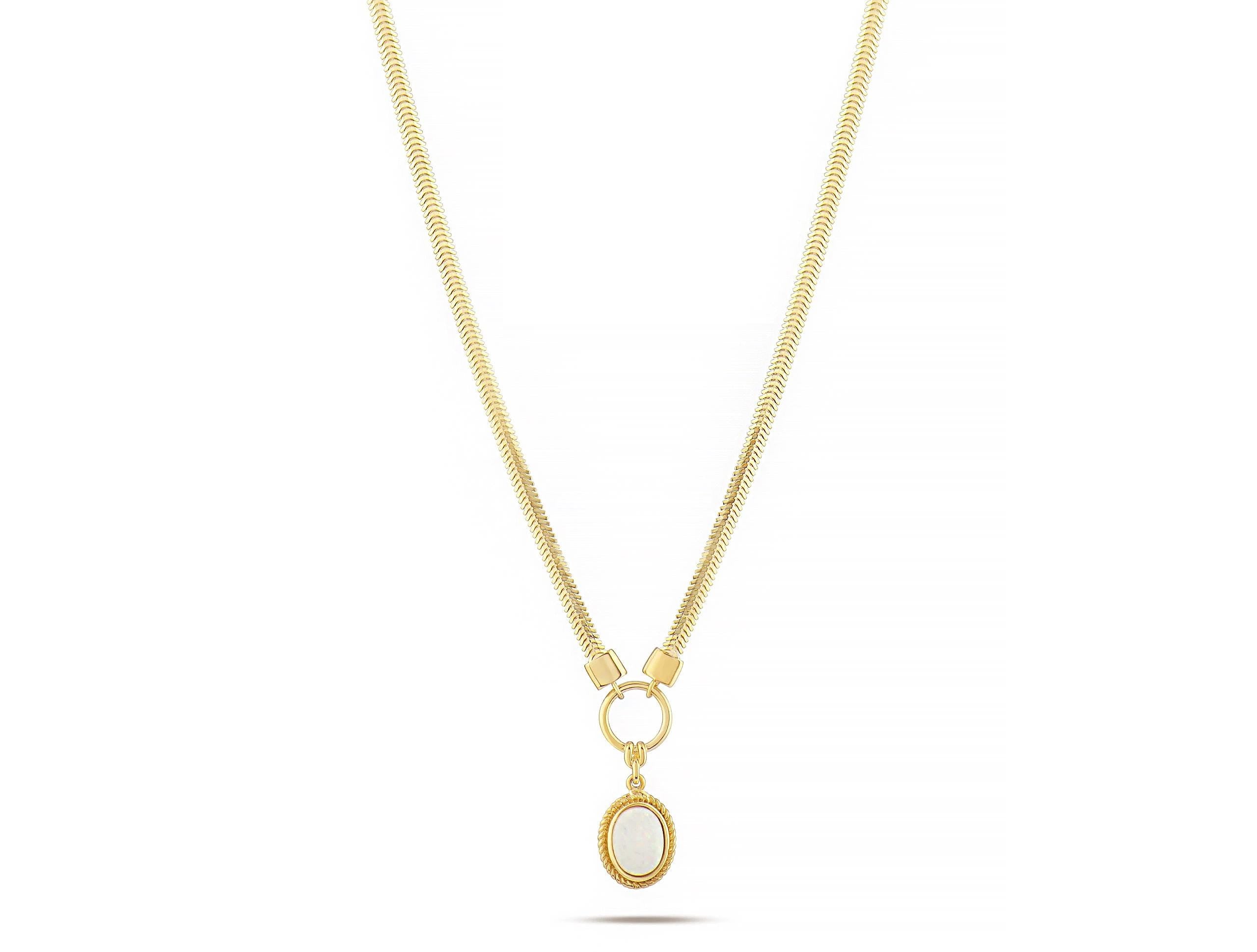 14K Solid Gold Opal Necklace – Dainty 12mm Oval Gemstone Pendant with Circle Charm