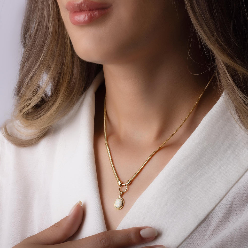 14K Solid Gold Opal Necklace – Dainty 12mm Oval Gemstone Pendant with Circle Charm