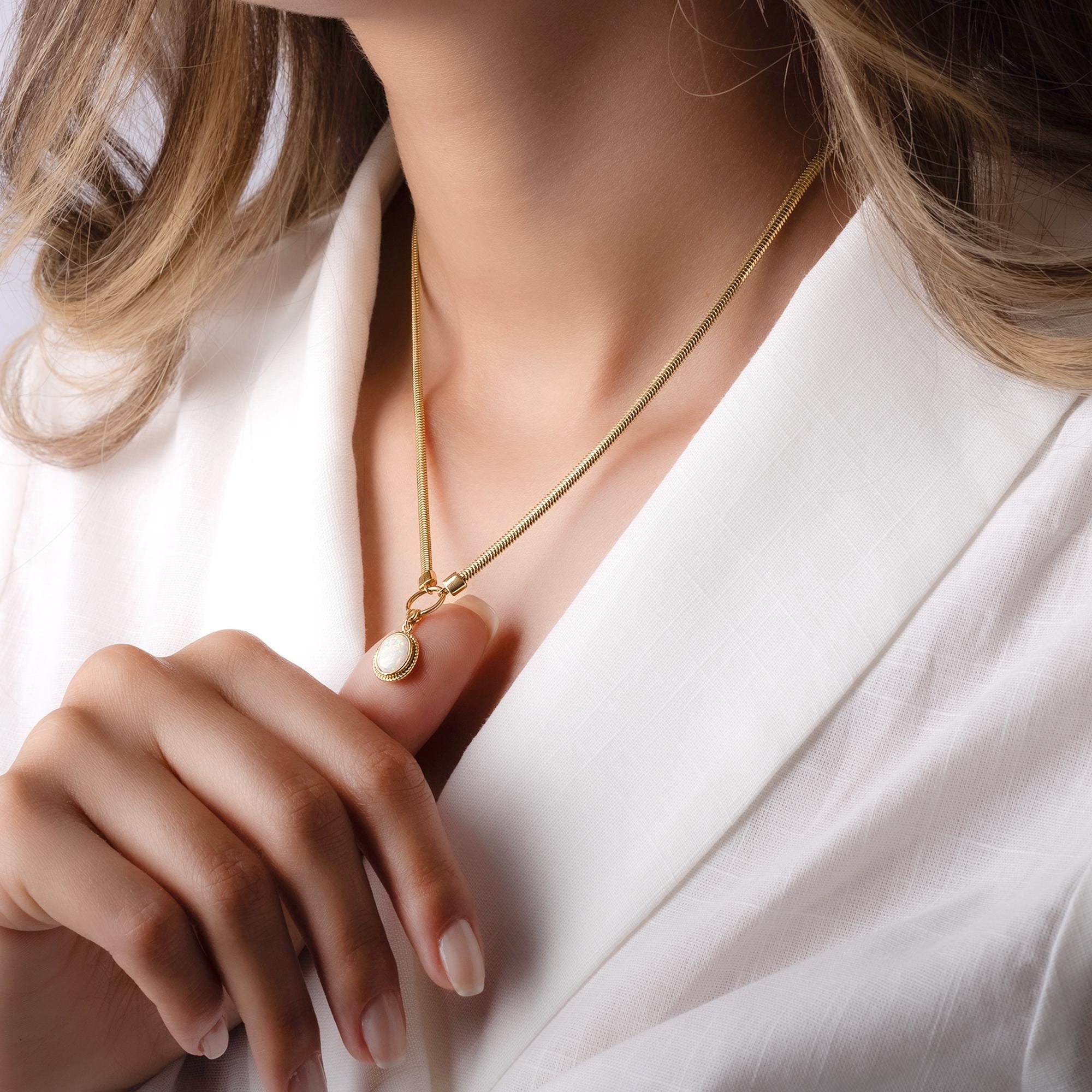 14K Solid Gold Opal Necklace – Dainty 12mm Oval Gemstone Pendant with Circle Charm