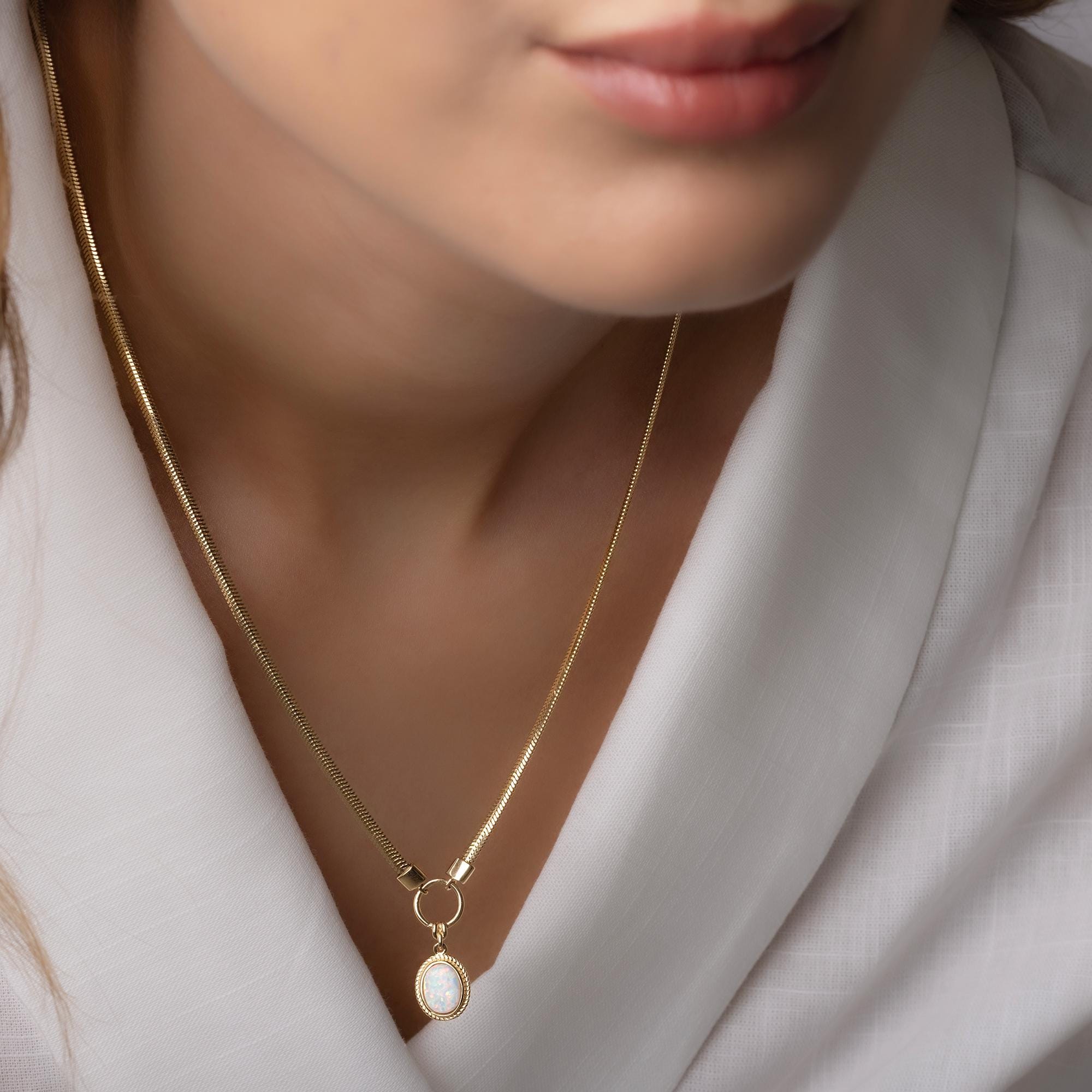 14K Solid Gold Opal Necklace – Dainty 12mm Oval Gemstone Pendant with Circle Charm