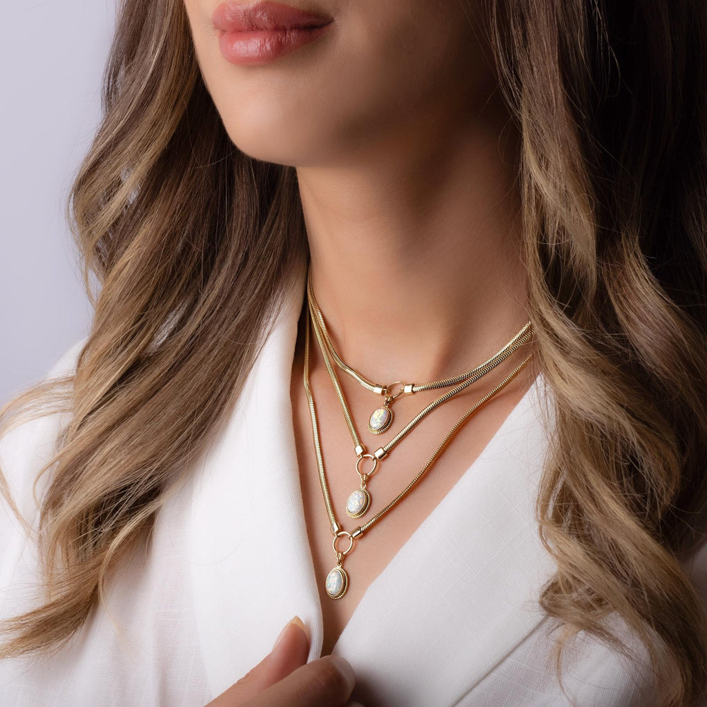 14K Solid Gold Opal Necklace – Dainty 12mm Oval Gemstone Pendant with Circle Charm