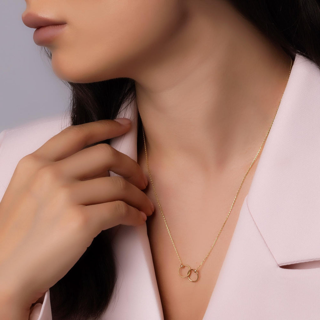 14K Solid Gold Double Circle Necklace - Real Gold Infinity Pendant