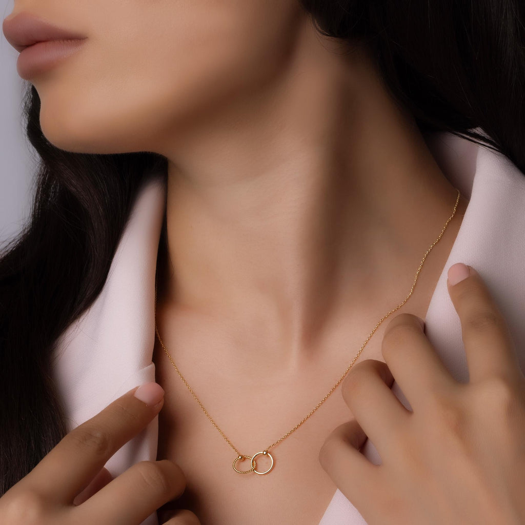 14K Solid Gold Double Circle Necklace - Real Gold Infinity Pendant
