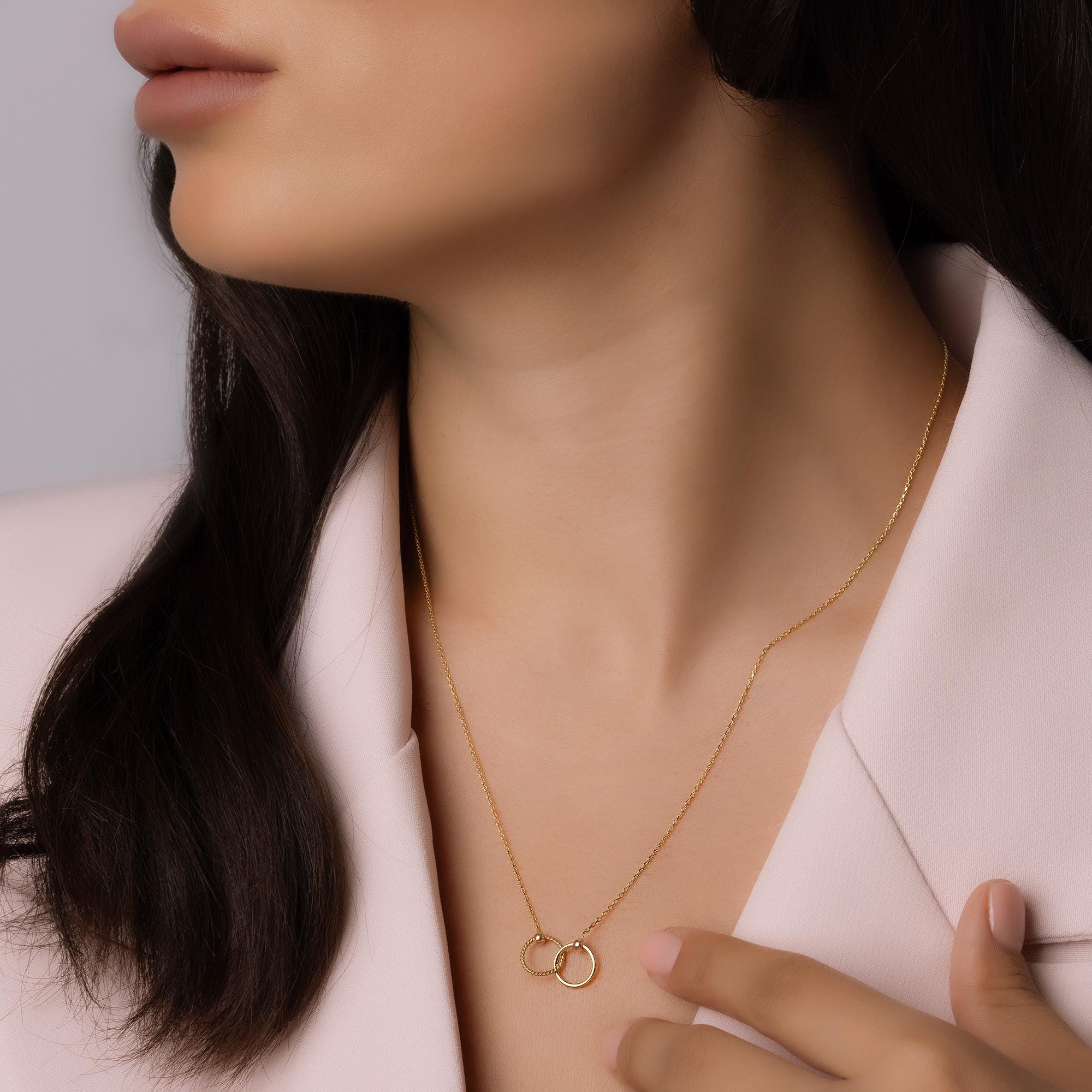 14K Solid Gold Double Circle Necklace - Real Gold Infinity Pendant