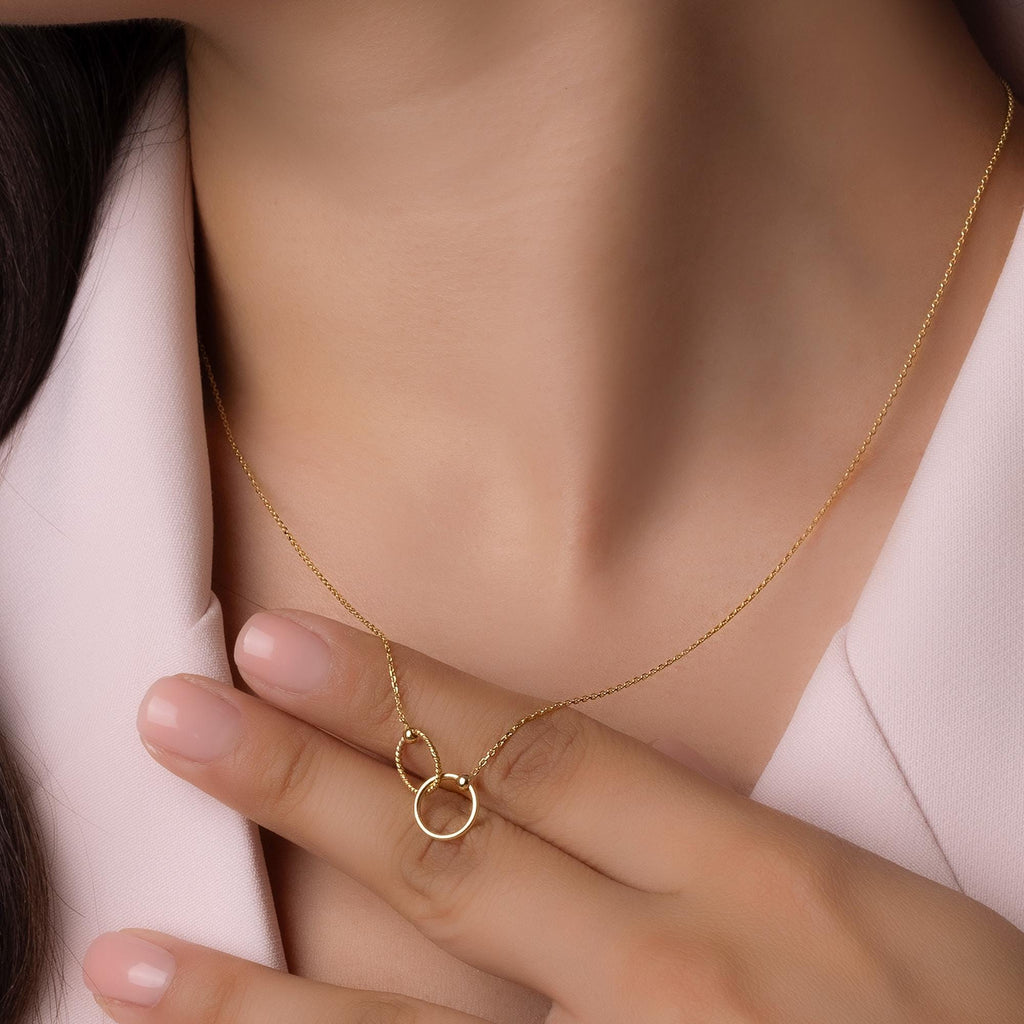 14K Solid Gold Double Circle Necklace - Real Gold Infinity Pendant