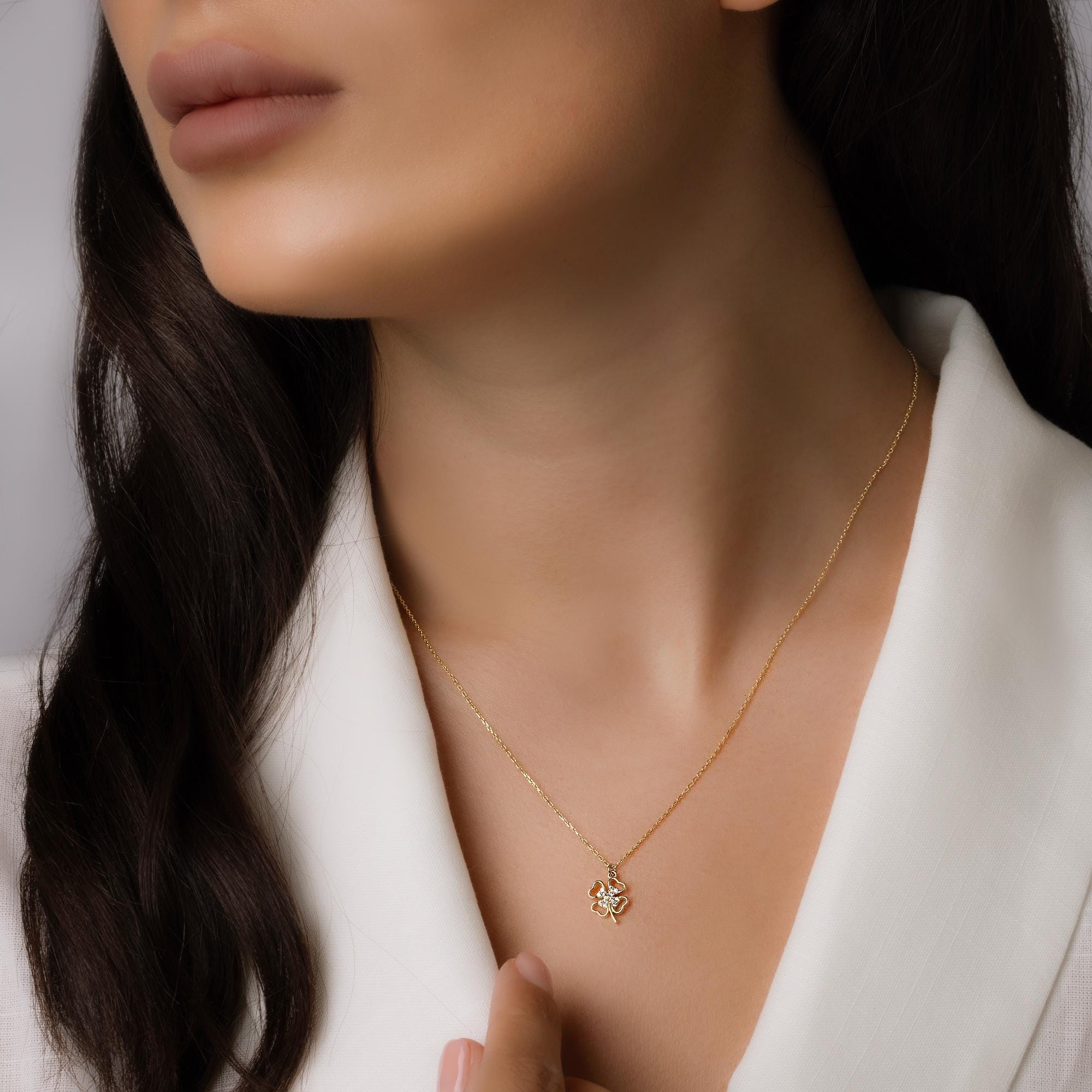 14K Solid Gold Four Leaf Clover Necklace – Dainty Lucky Charm Pendant