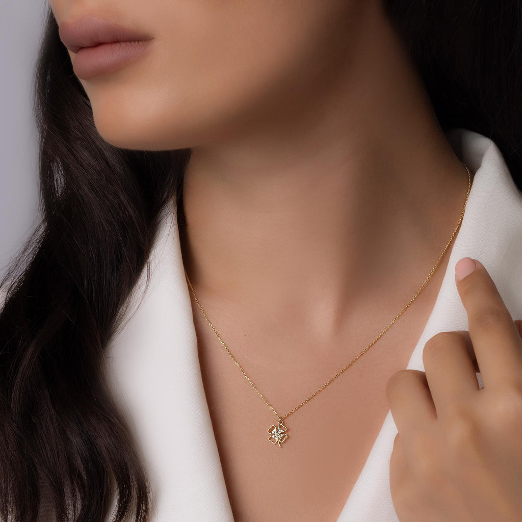 14K Solid Gold Four Leaf Clover Necklace – Dainty Lucky Charm Pendant