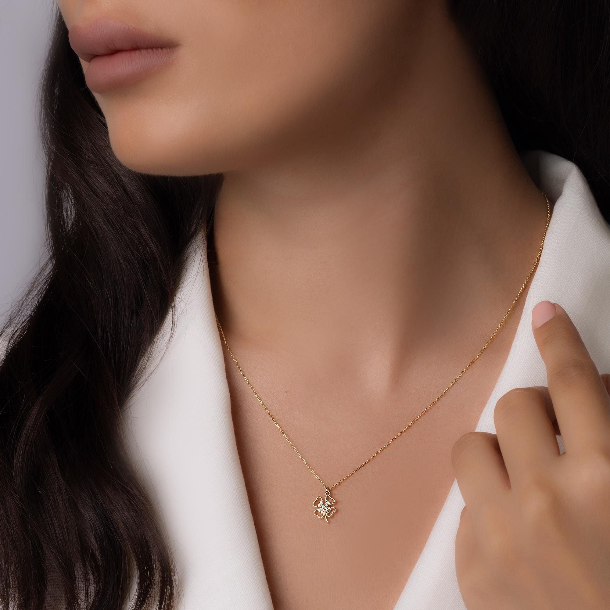 14K Solid Gold Four Leaf Clover Necklace – Dainty Lucky Charm Pendant
