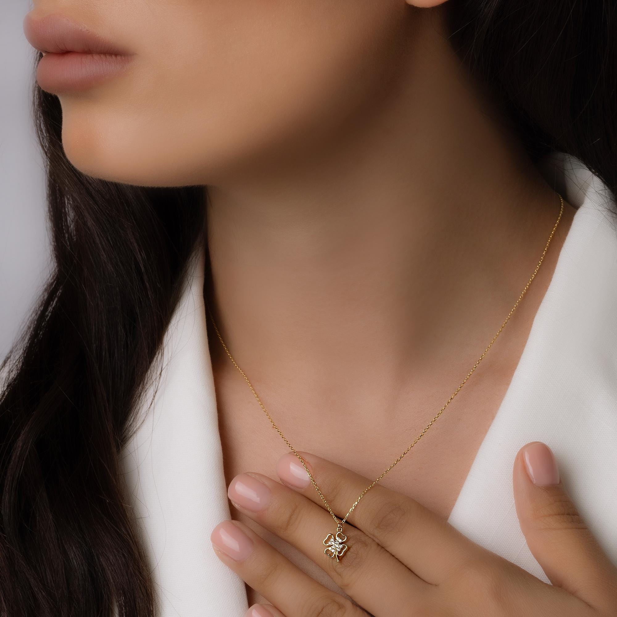 14K Solid Gold Four Leaf Clover Necklace – Dainty Lucky Charm Pendant