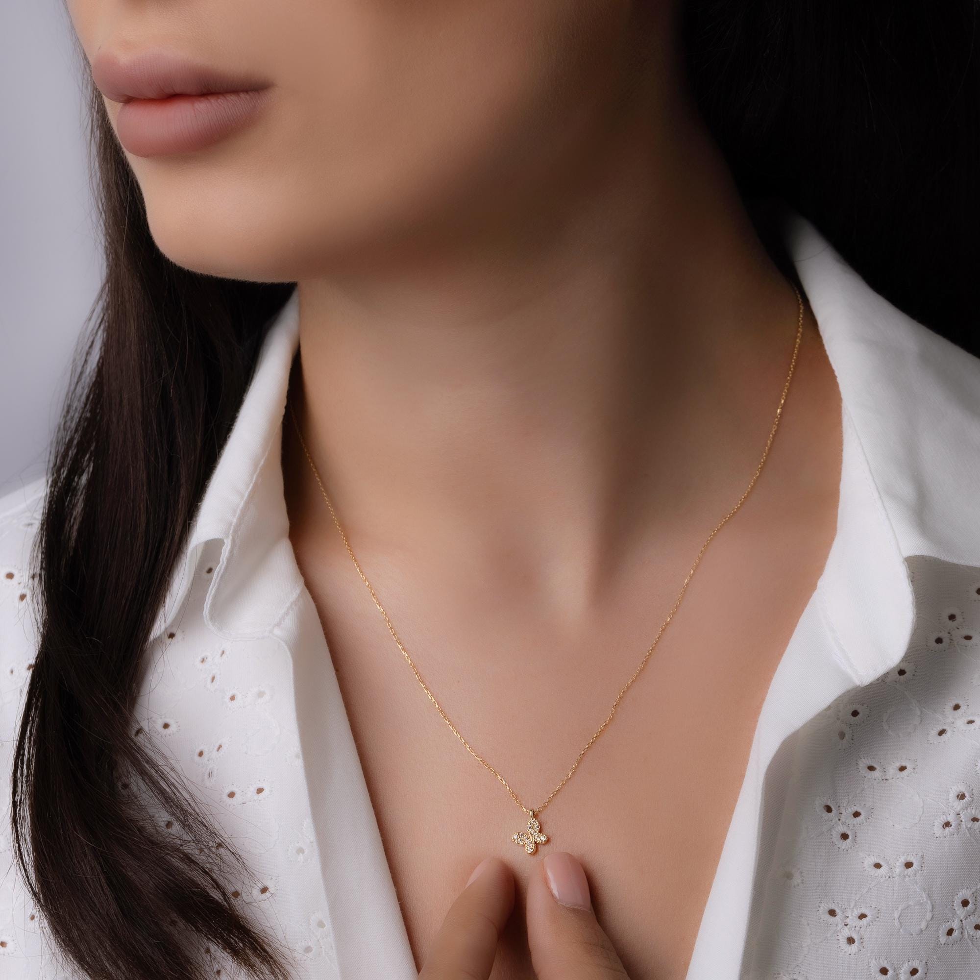 14K Solid Gold Butterfly Necklace - Tiny Diamond Butterfly Pendant