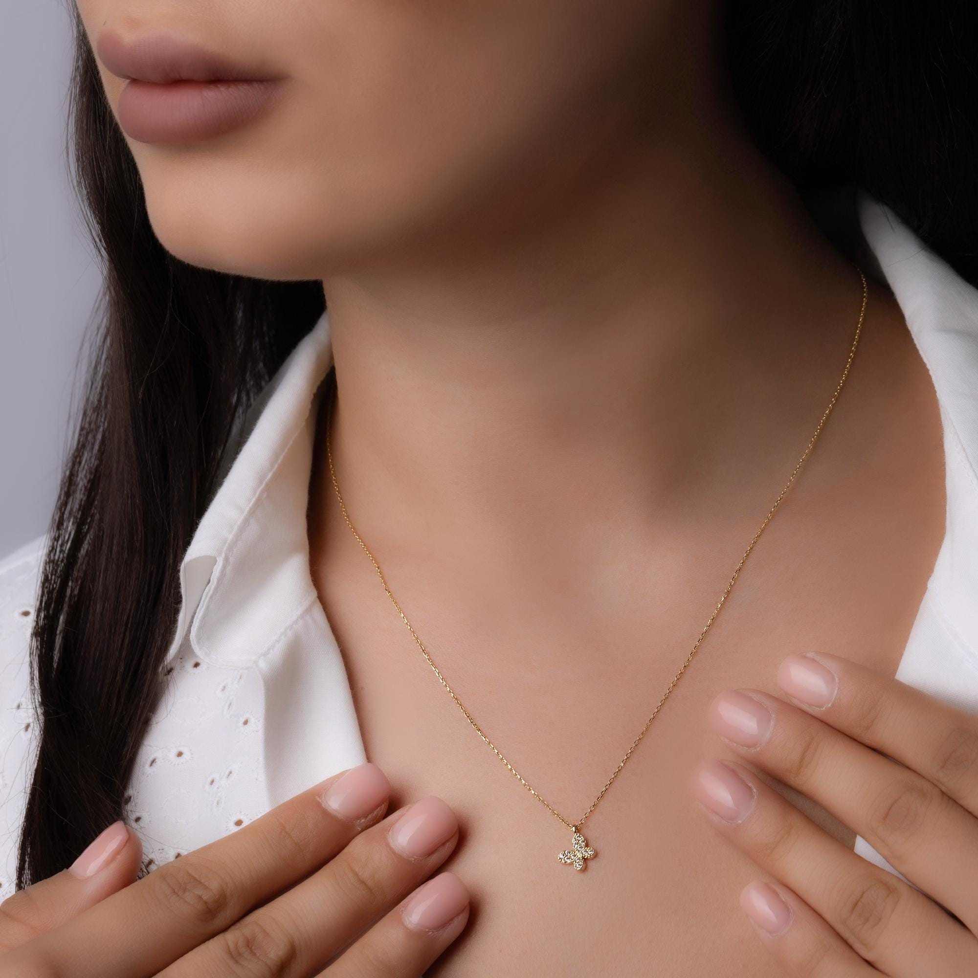 14K Solid Gold Butterfly Necklace - Tiny Diamond Butterfly Pendant