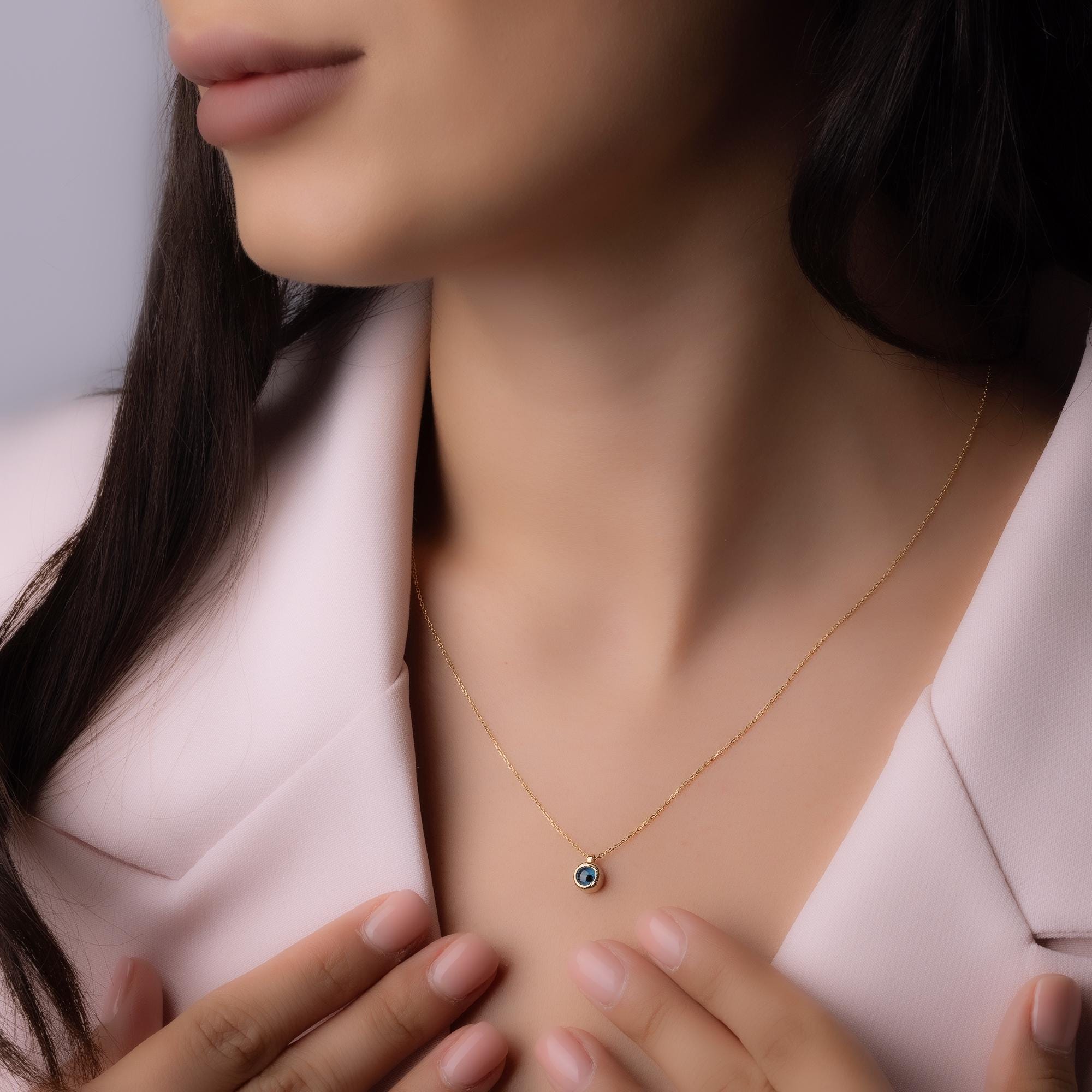 14K Solid Gold Blue Stone Necklace - Dainty Sapphire Pendant