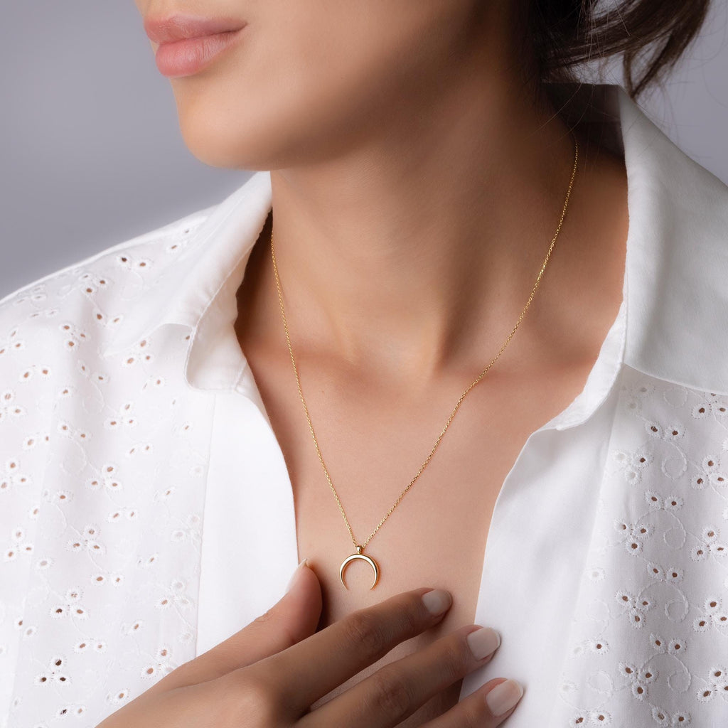14K Solid Gold Crescent Moon Necklac - Real Gold Lunar Pendant