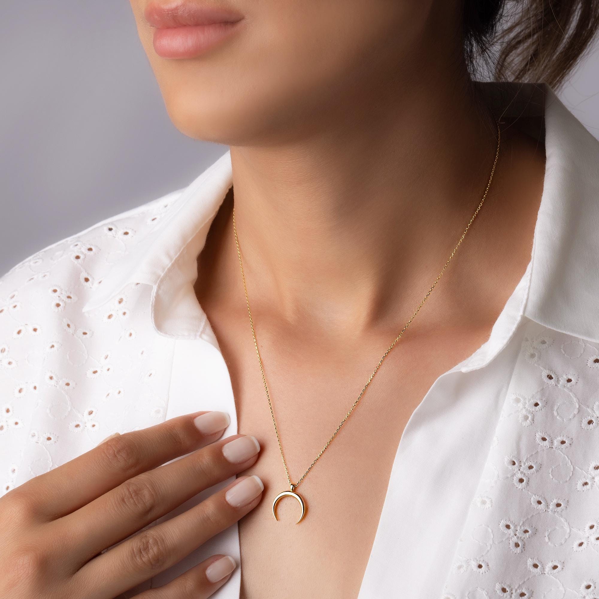 14K Solid Gold Crescent Moon Necklac - Real Gold Lunar Pendant