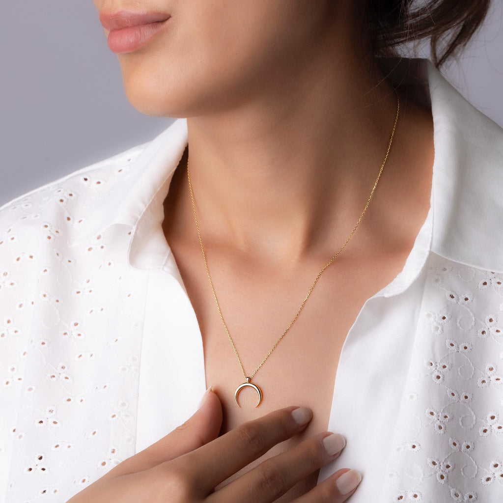 14K Solid Gold Crescent Moon Necklac - Real Gold Lunar Pendant