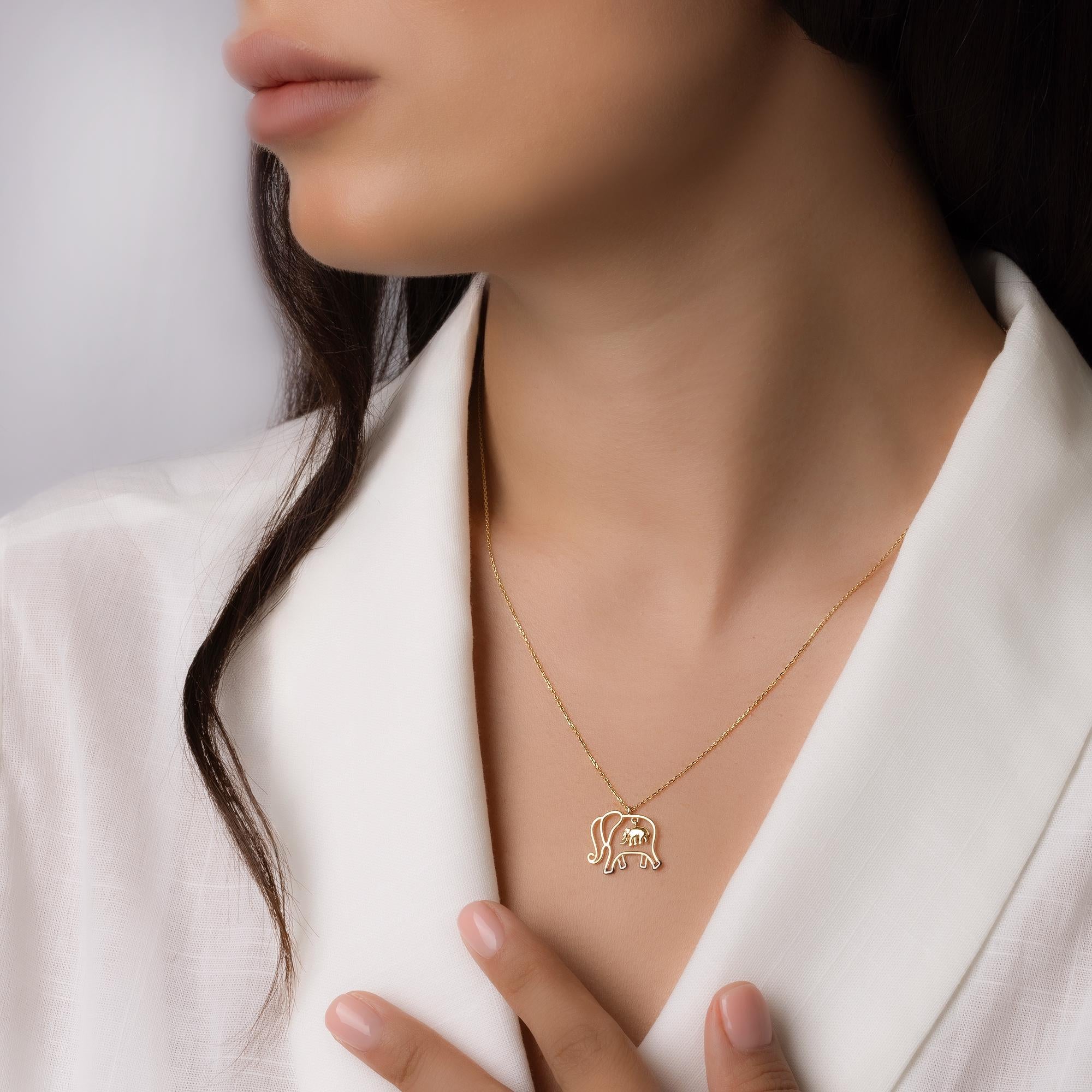 14K Solid Gold Elephant Necklace - Real Gold Animal Pendant