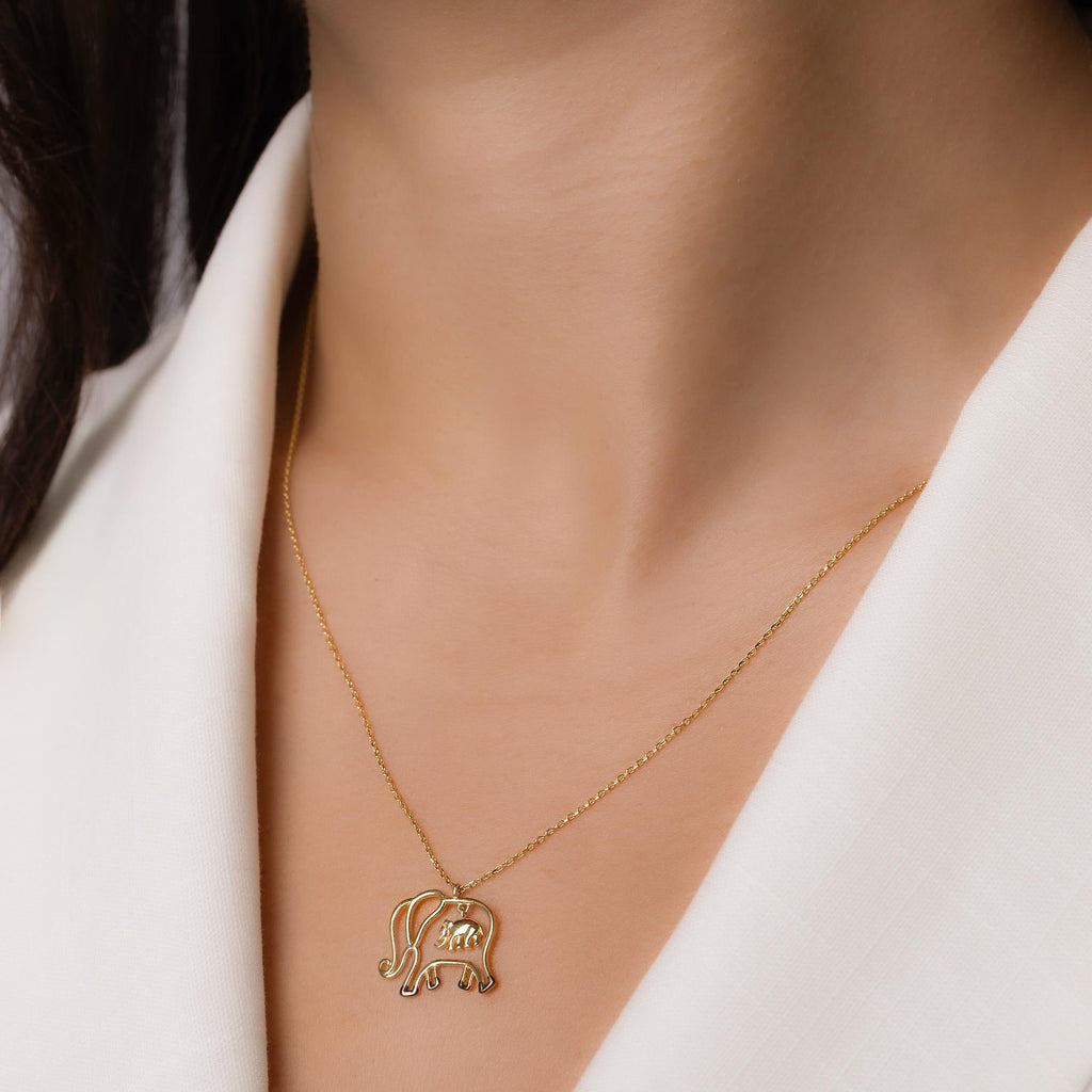 14K Solid Gold Elephant Necklace - Real Gold Animal Pendant