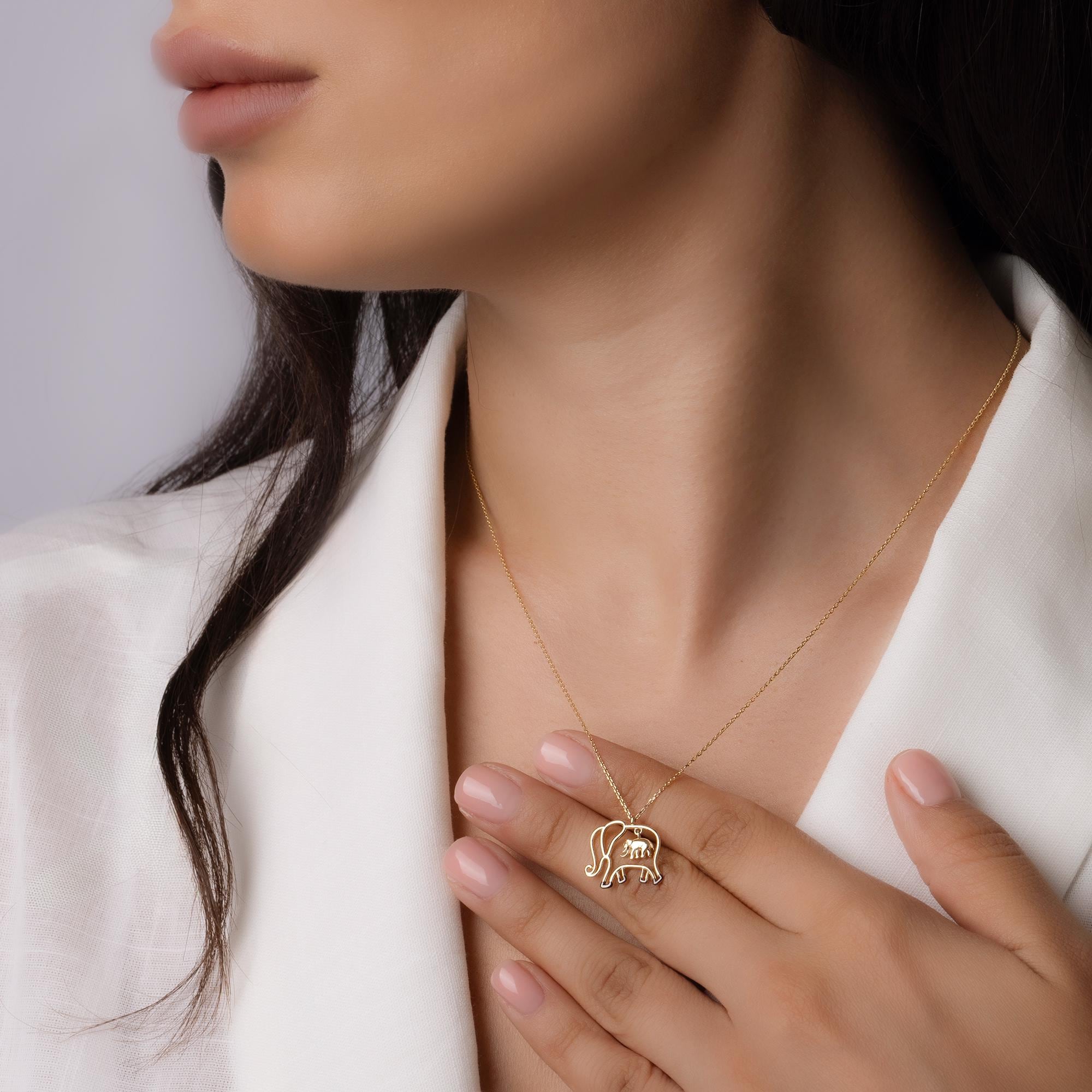 14K Solid Gold Elephant Necklace - Real Gold Animal Pendant