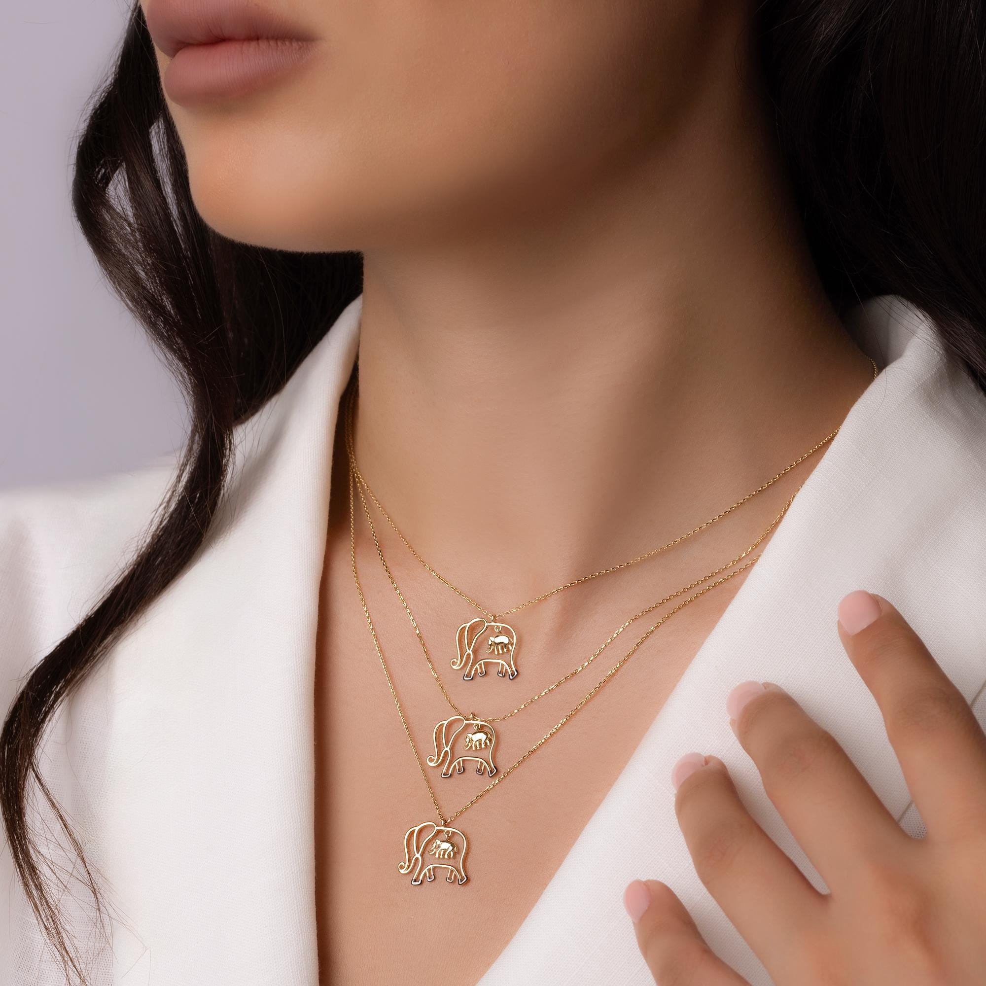 14K Solid Gold Elephant Necklace - Real Gold Animal Pendant