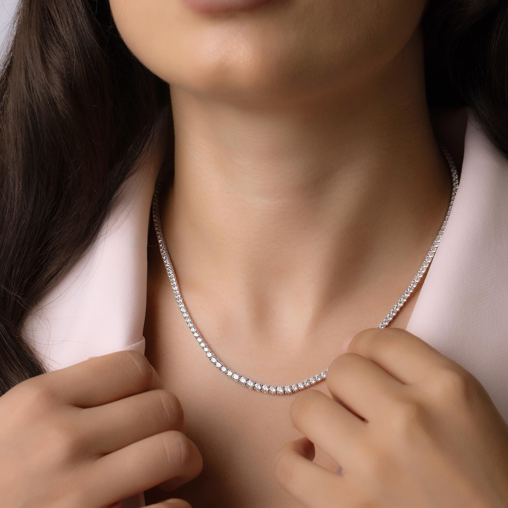 14K Solid Gold Diamond Tennis Necklace - Dainty Gold Chain with CZ Stones