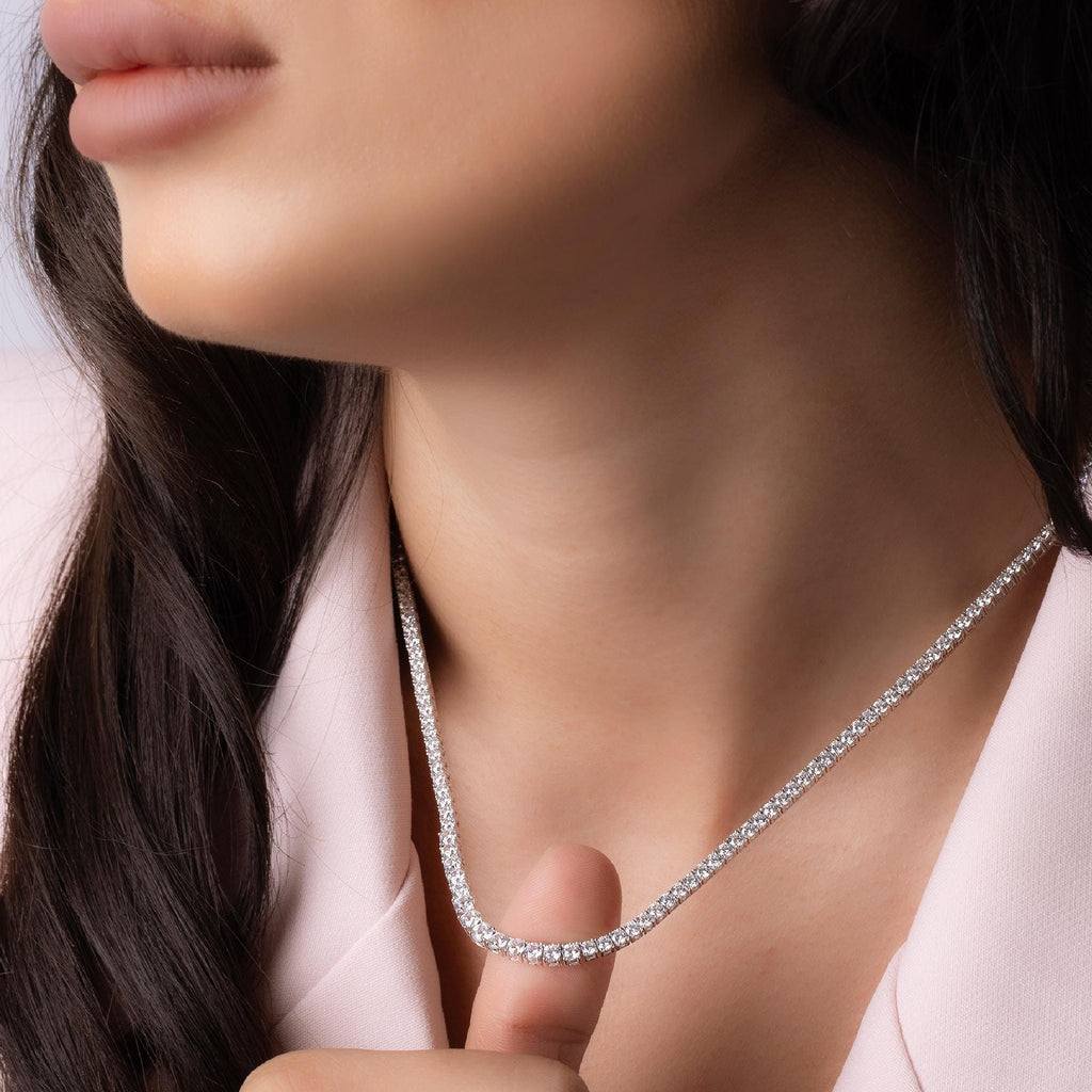 14K Solid Gold Diamond Tennis Necklace - Dainty Gold Chain with CZ Stones