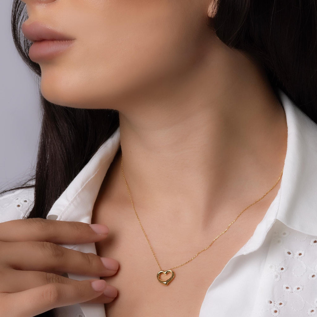 14K Solid Gold Open Heart Necklace - Real Gold Minimalist Pendant