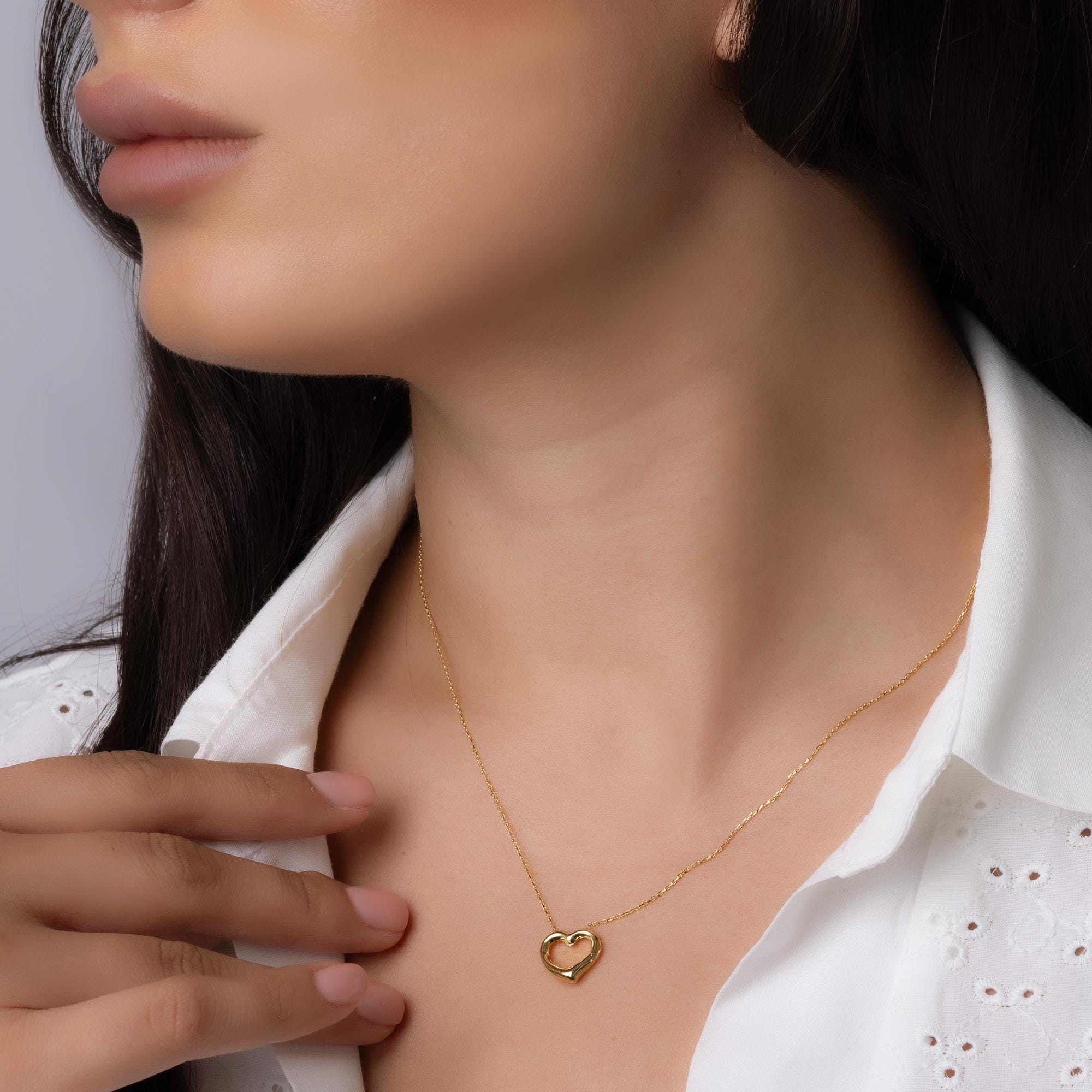 14K Solid Gold Open Heart Necklace - Real Gold Minimalist Pendant