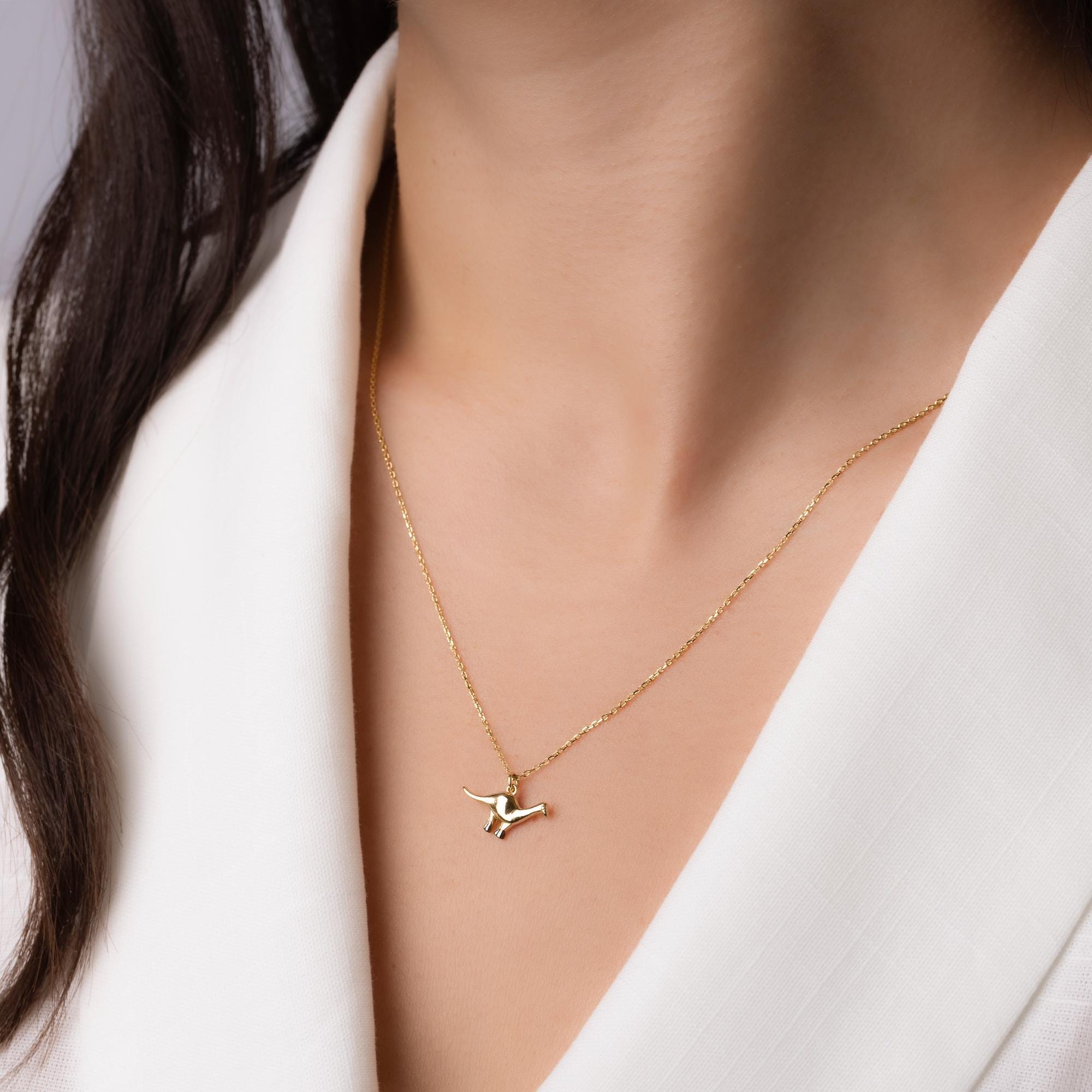 14K Solid Gold Dinosaur Necklace - Minimalist Dino Pendant