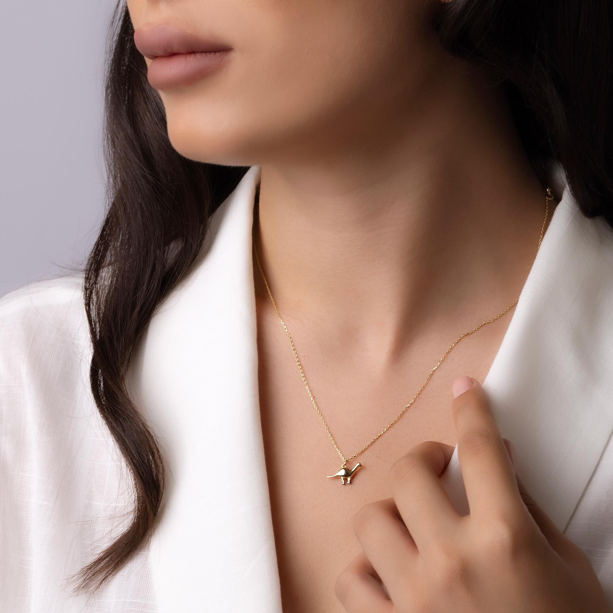 14K Solid Gold Dinosaur Necklace - Minimalist Dino Pendant