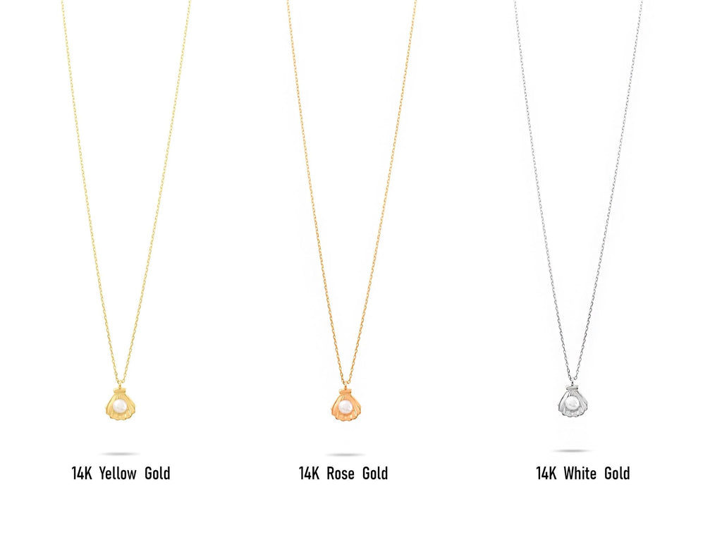 14K Solid Gold Seashell Pearl Necklace - Real Gold Shell Pendant