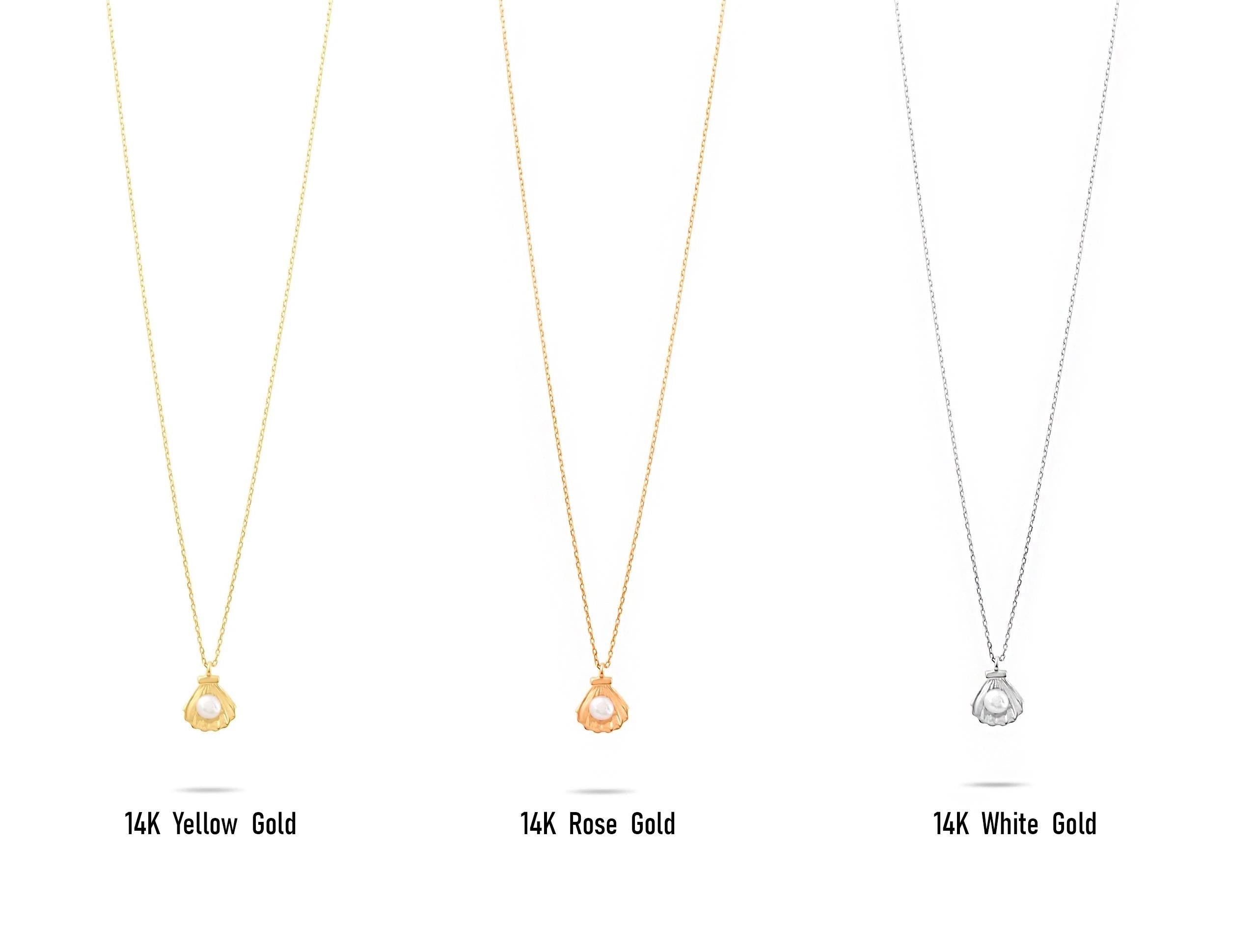 14K Solid Gold Seashell Pearl Necklace - Real Gold Shell Pendant