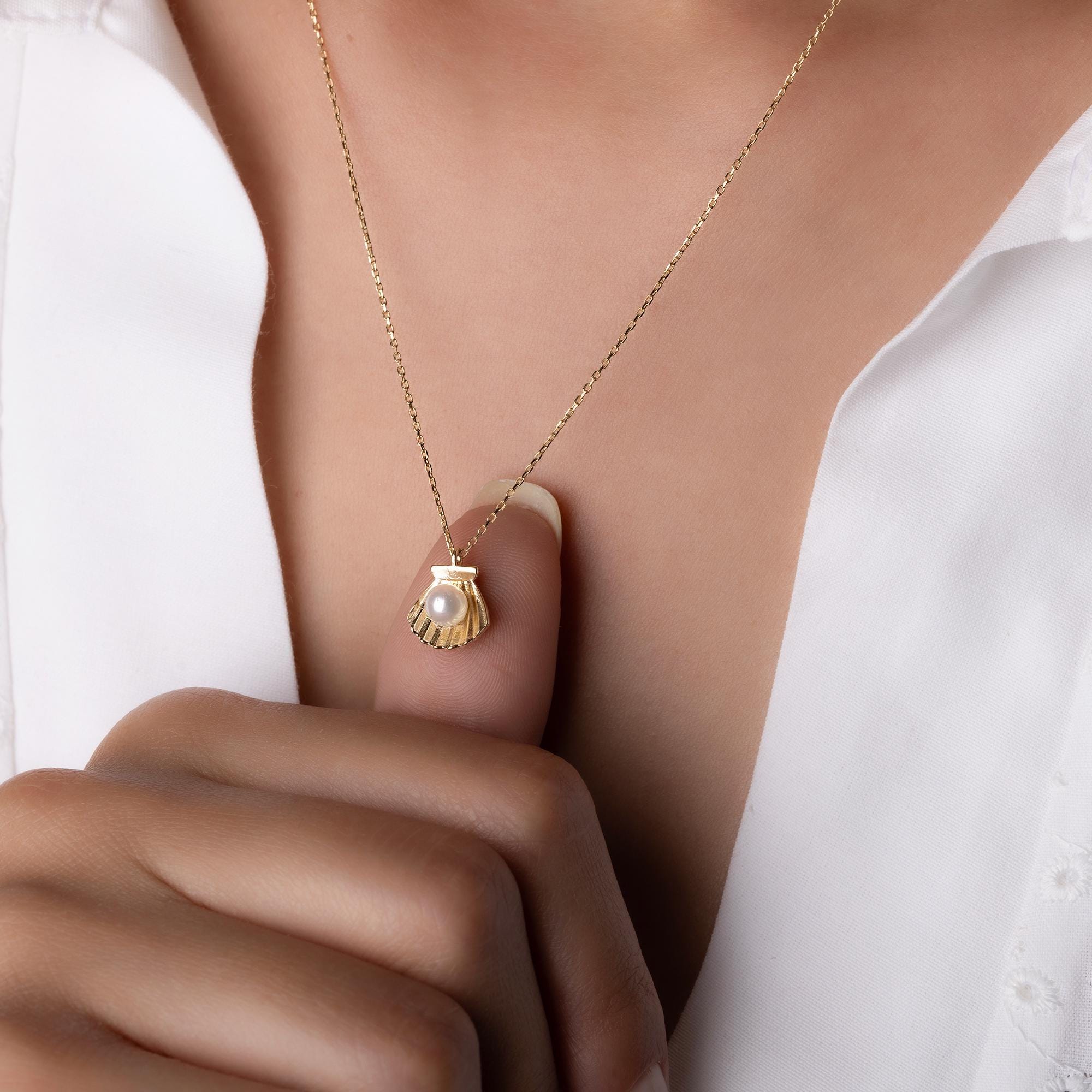 14K Solid Gold Seashell Pearl Necklace - Real Gold Shell Pendant