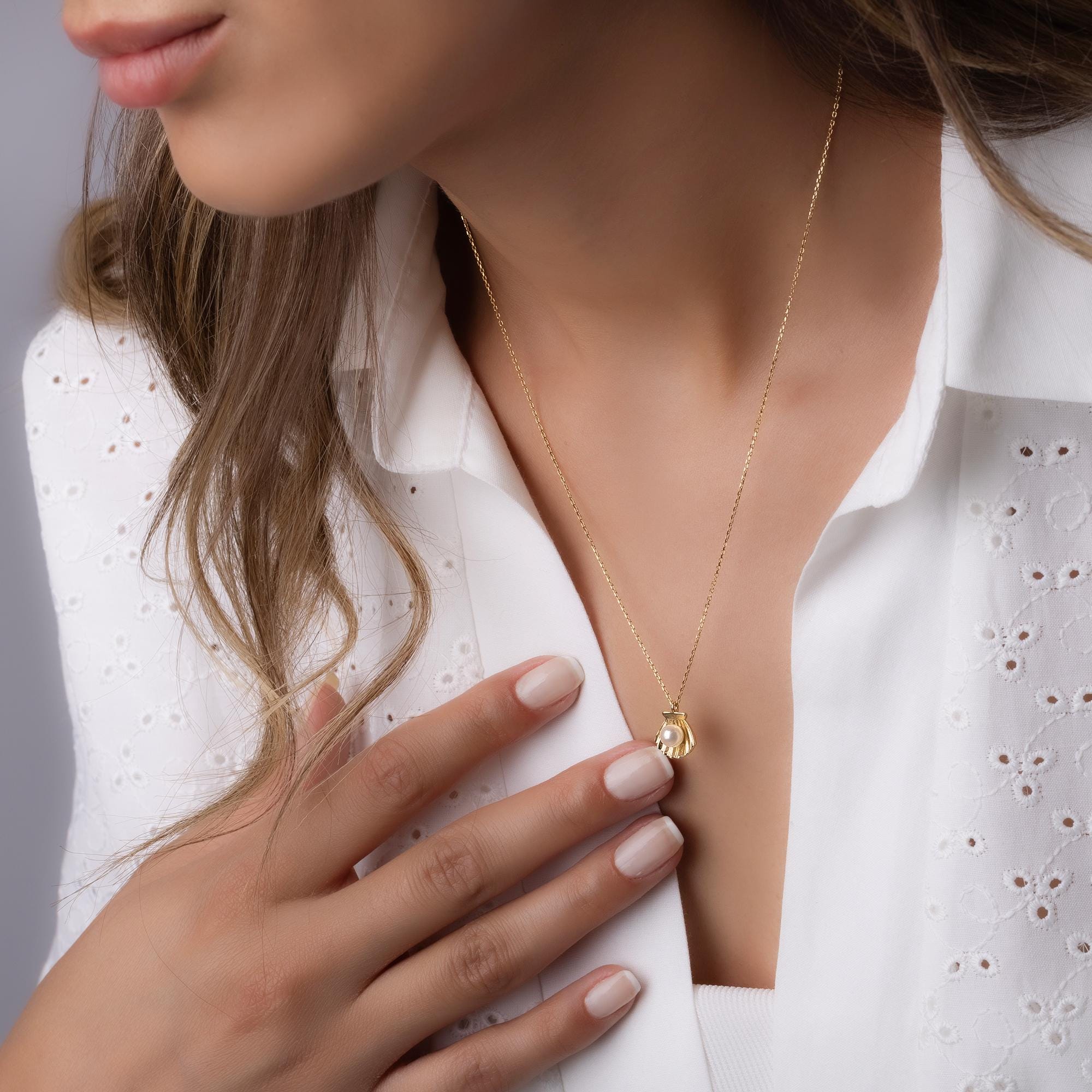 14K Solid Gold Seashell Pearl Necklace - Real Gold Shell Pendant