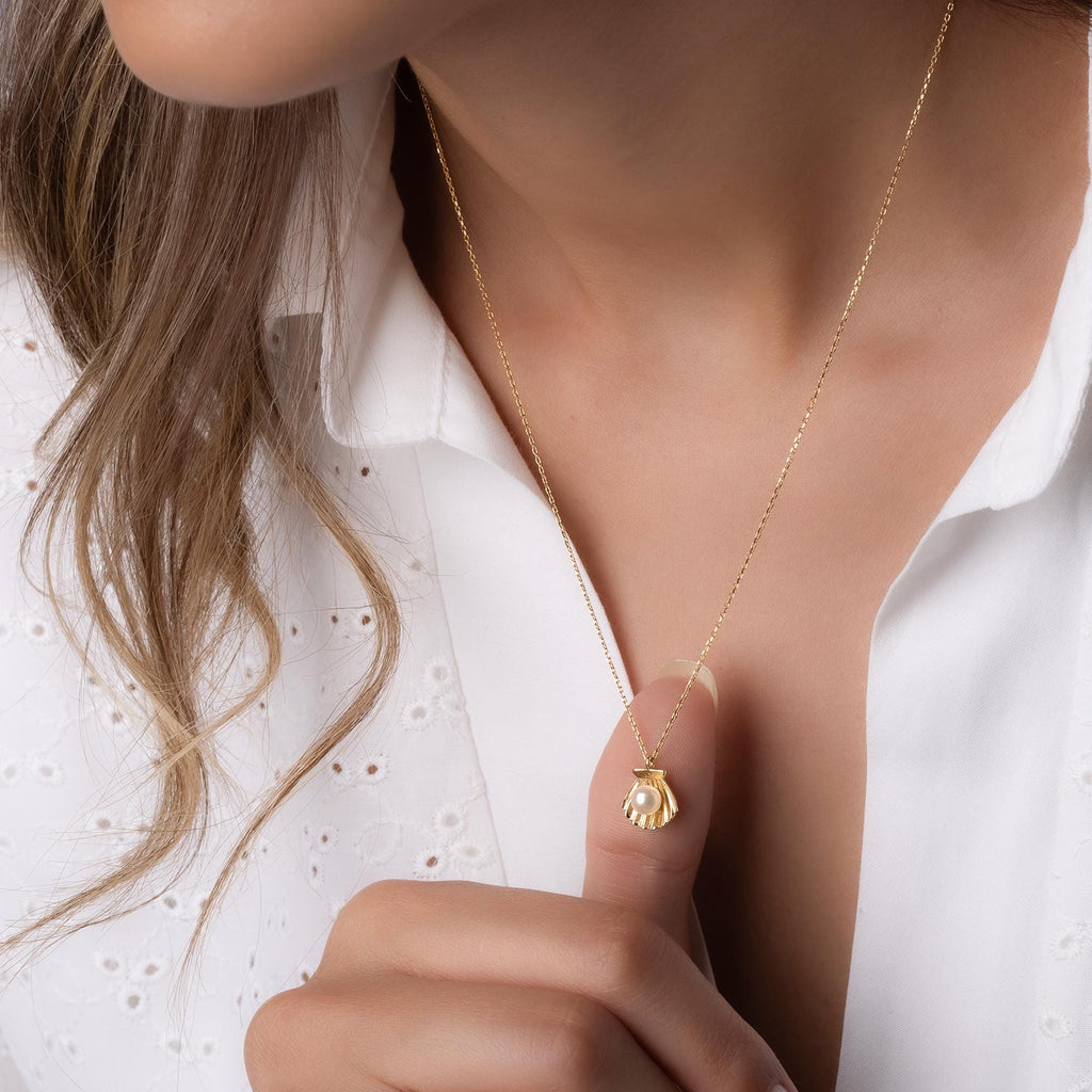 14K Solid Gold Seashell Pearl Necklace - Real Gold Shell Pendant