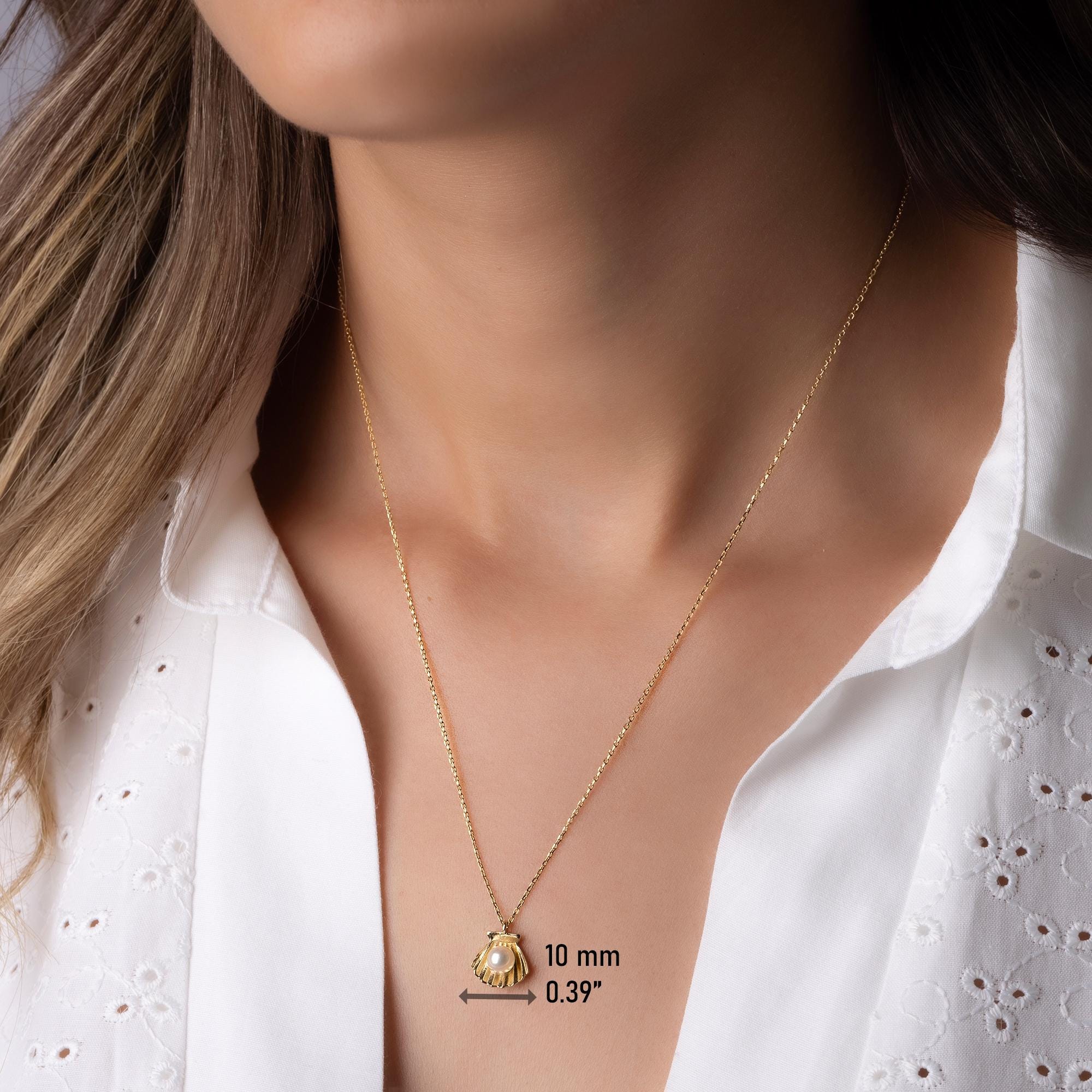 14K Solid Gold Seashell Pearl Necklace - Real Gold Shell Pendant