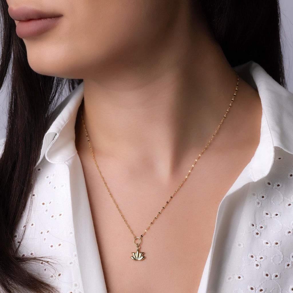 14K Solid Gold Lotus Flower Necklace - Spiritual Symbol Pendant