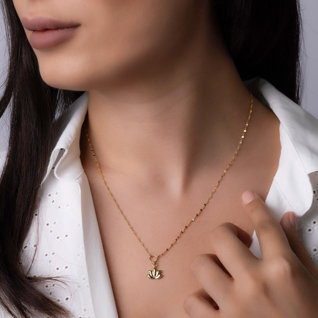 14K Solid Gold Lotus Flower Necklace - Spiritual Symbol Pendant