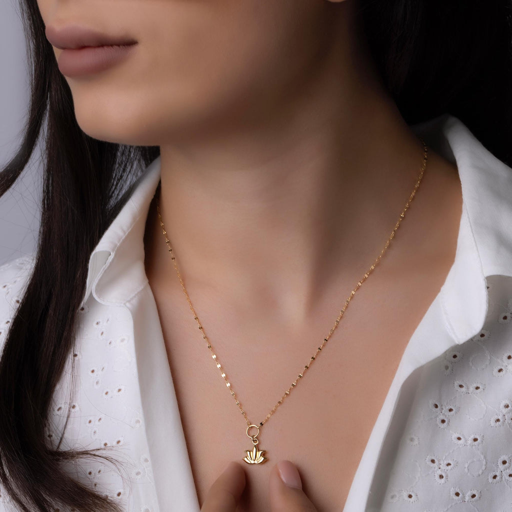 14K Solid Gold Lotus Flower Necklace - Spiritual Symbol Pendant