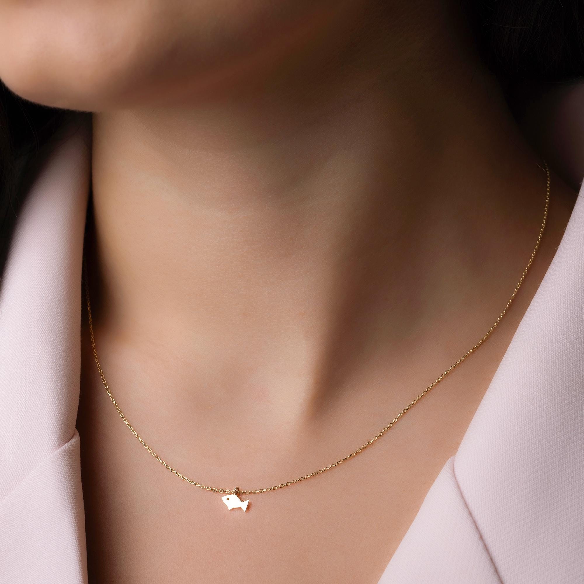 14K Solid Gold Fish Necklace - Minimalist Sea Pendant