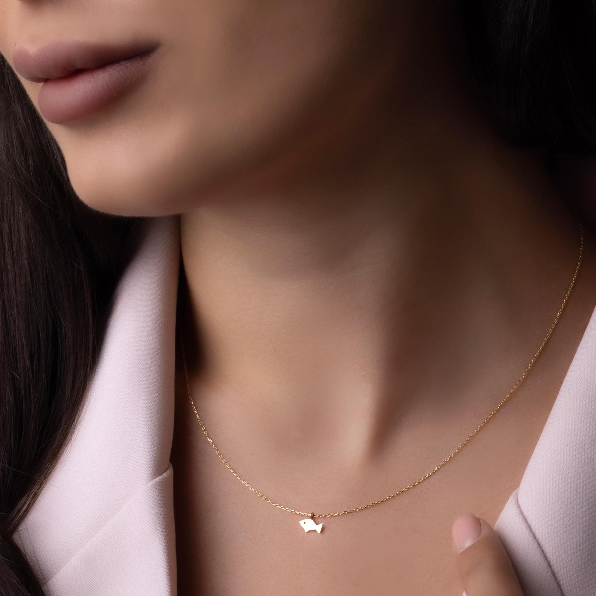 14K Solid Gold Fish Necklace - Minimalist Sea Pendant