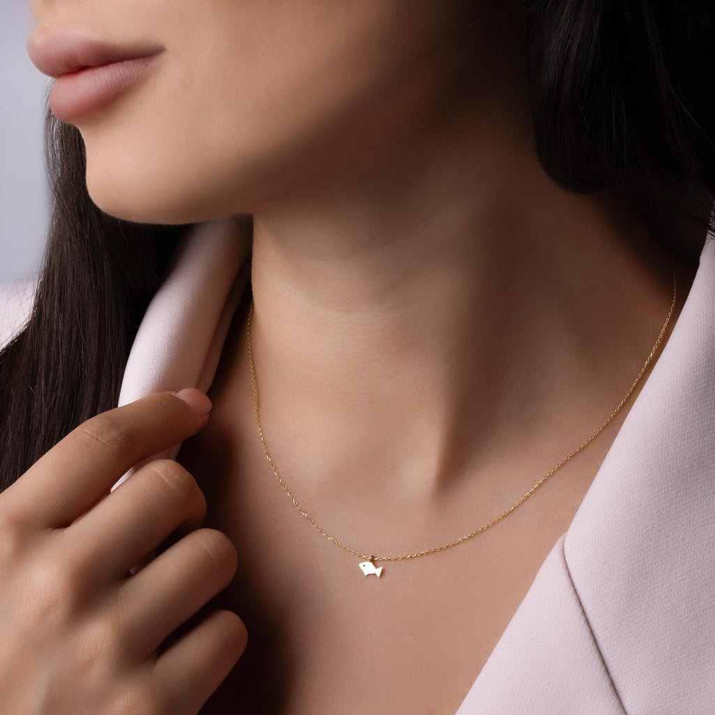 14K Solid Gold Fish Necklace - Minimalist Sea Pendant