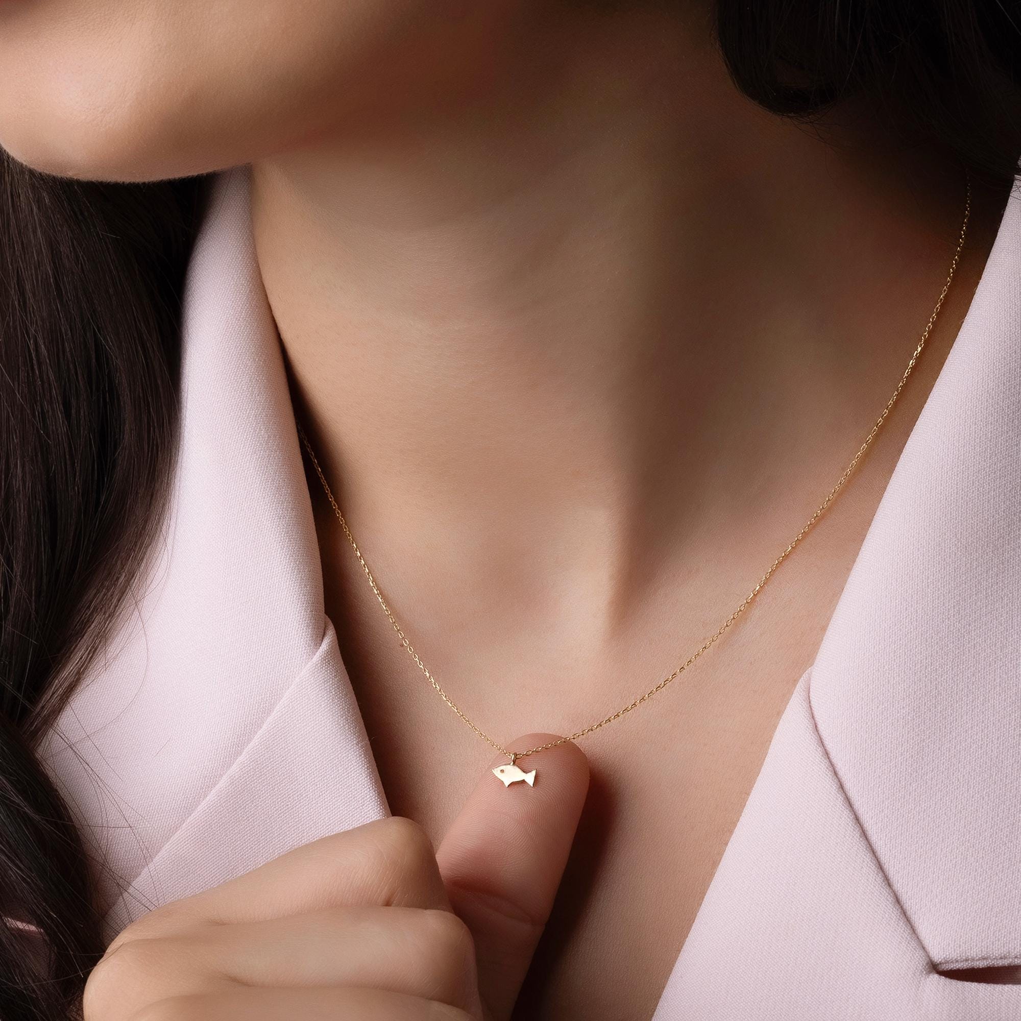 14K Solid Gold Fish Necklace - Minimalist Sea Pendant