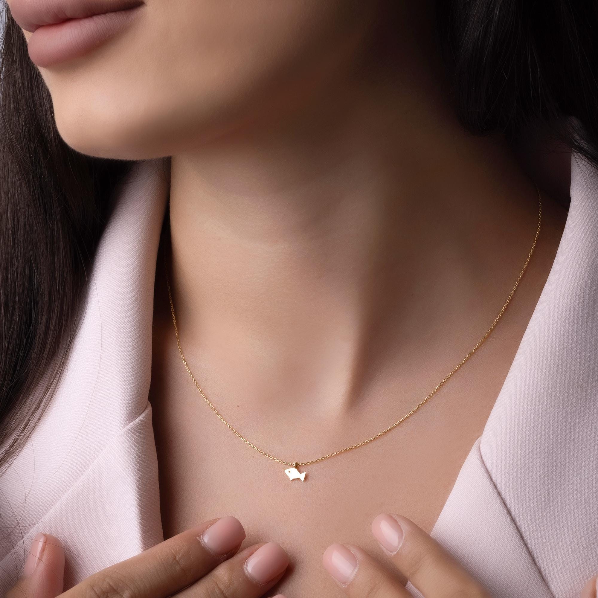 14K Solid Gold Fish Necklace - Minimalist Sea Pendant