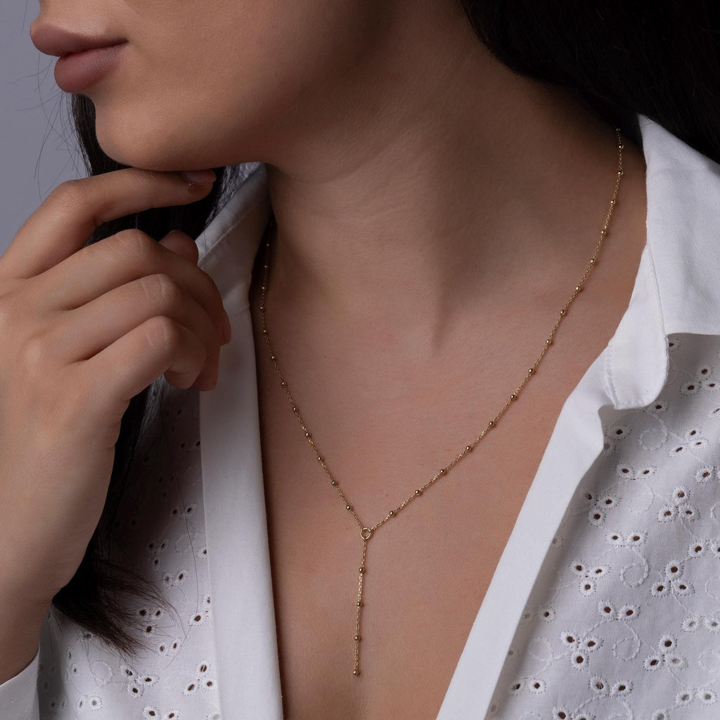 14K Solid Gold Beaded Y Necklace – Dainty Lariat Chain Jewelry