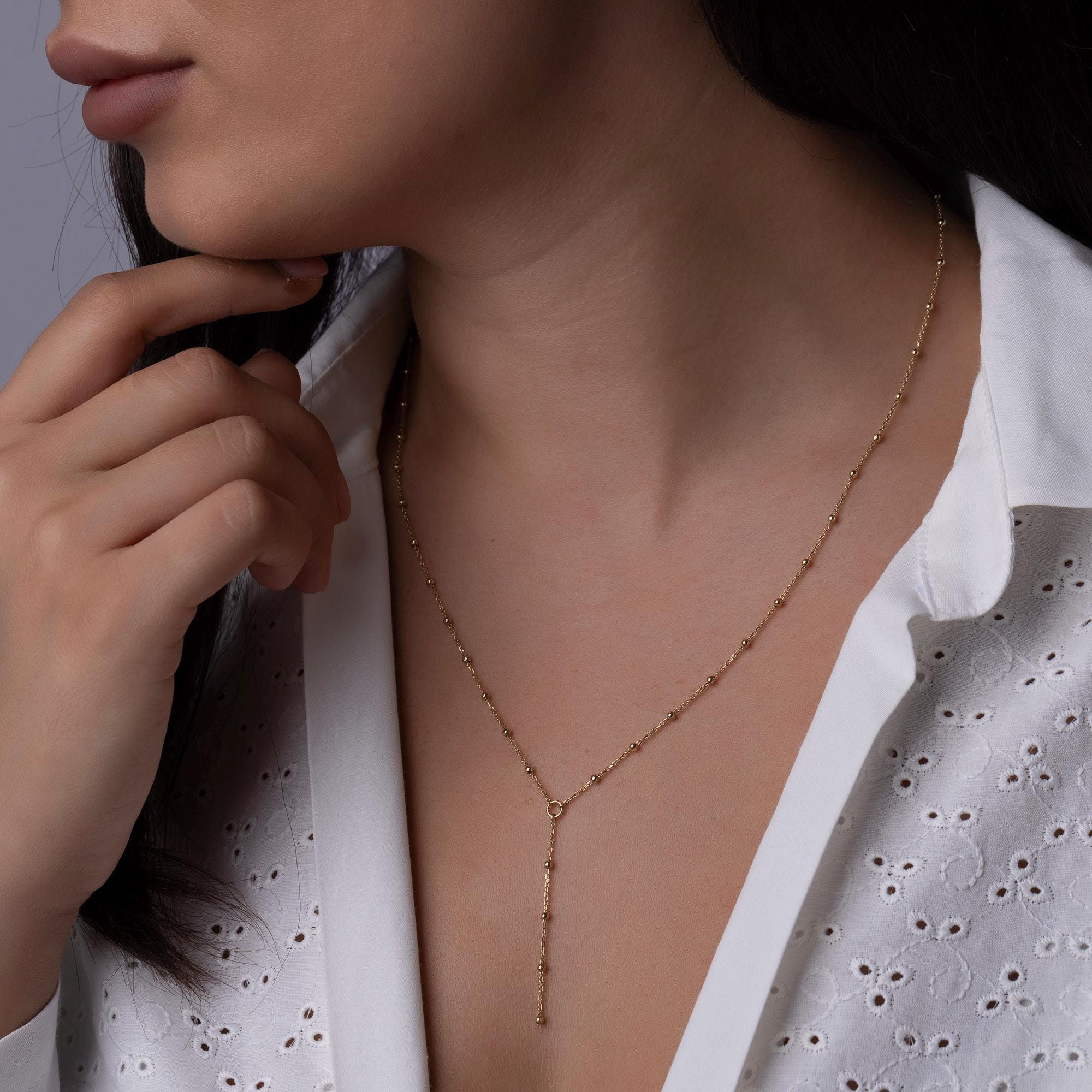 14K Solid Gold Beaded Y Necklace – Dainty Lariat Chain Jewelry