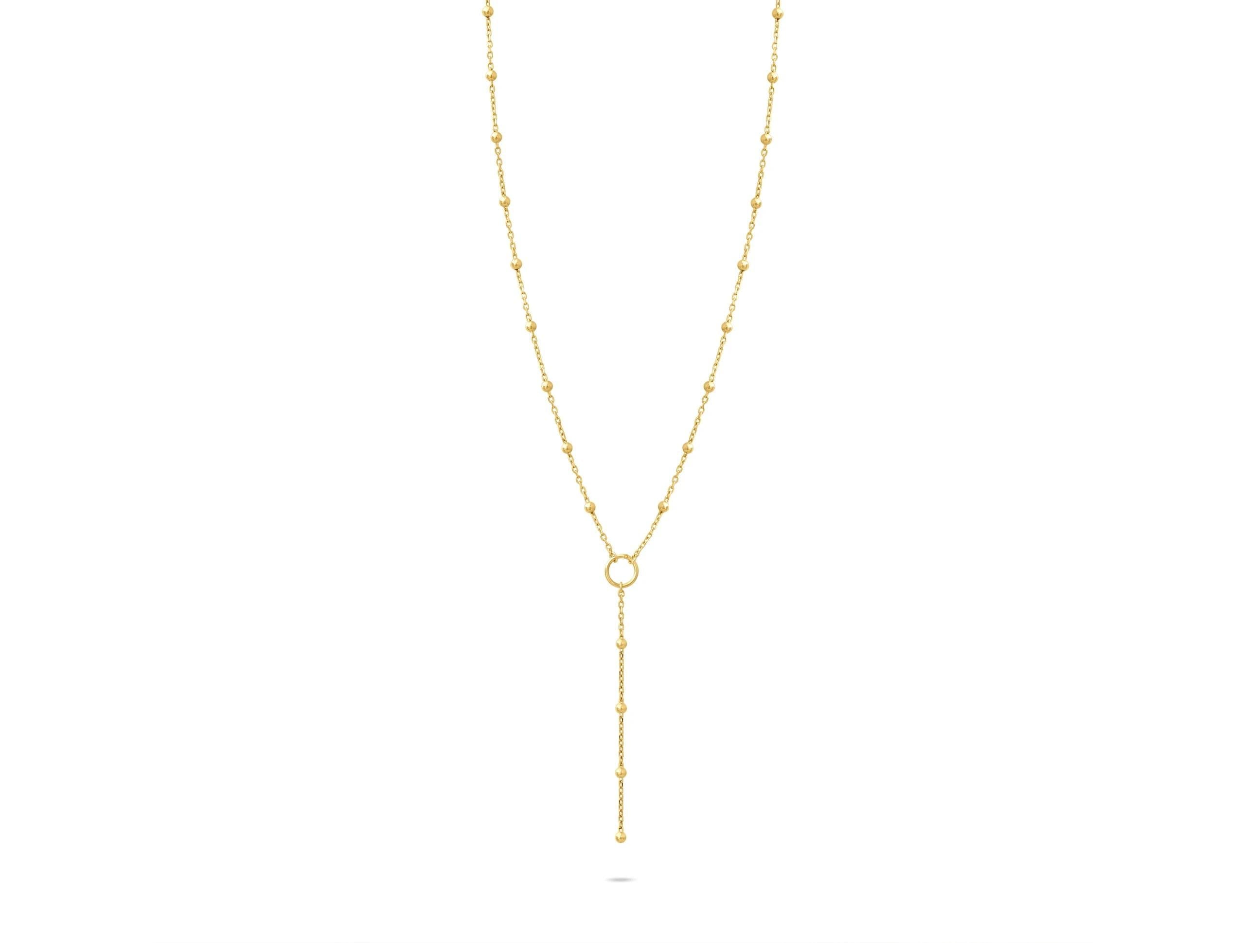 14K Solid Gold Beaded Y Necklace – Dainty Lariat Chain Jewelry